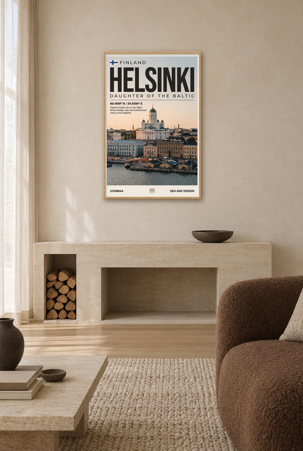 Helsinki Dochter van de Oostzee Wandbild mit Naturholzrahmen an der Wand im Wohnzimmer
