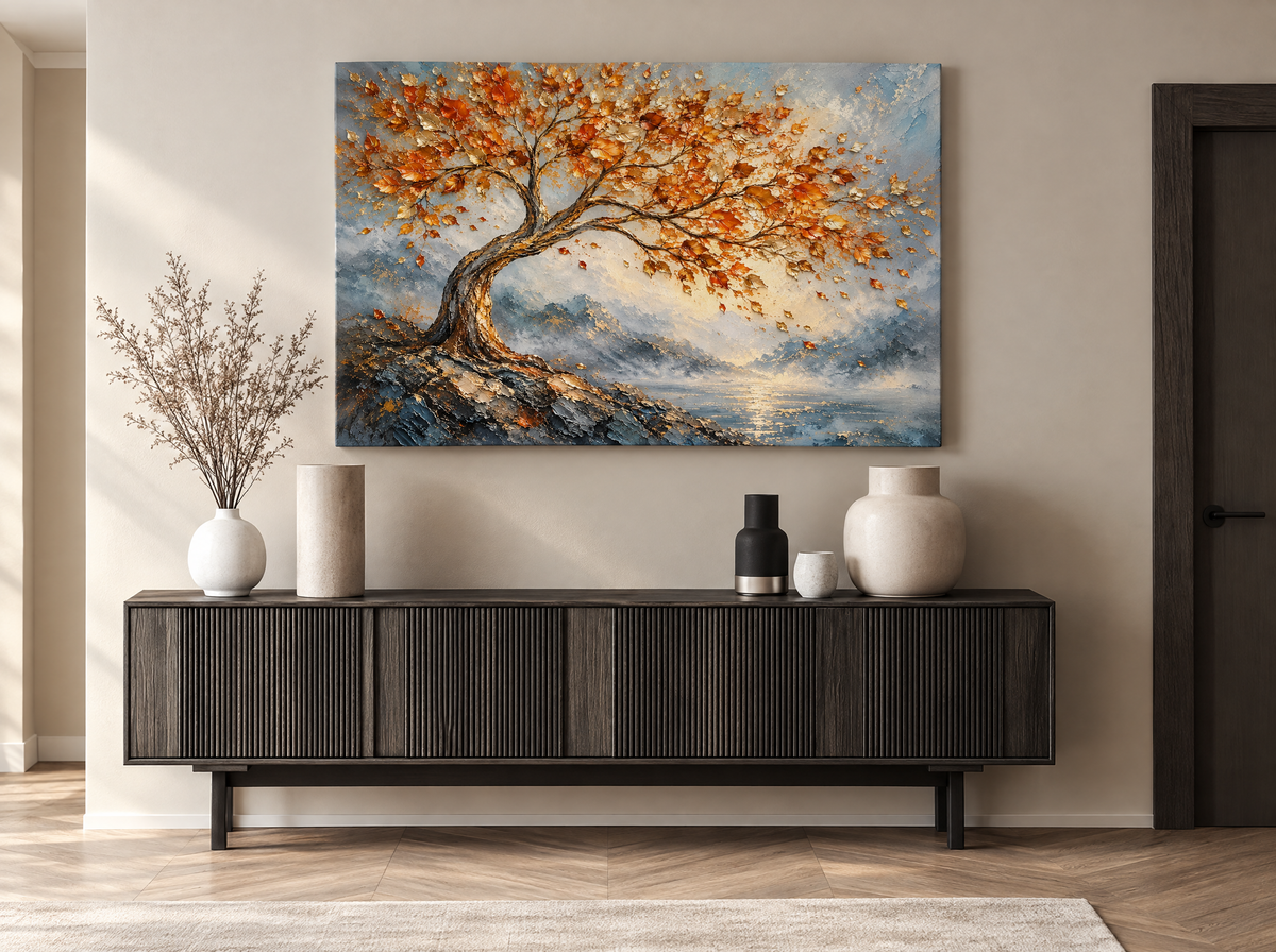 Herfstboom boven Mistige Baai als canvas zonder lijst aan de muur