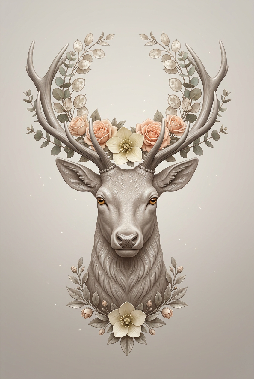Hert met gewei en zachte bloemen in beige en pastel tinten