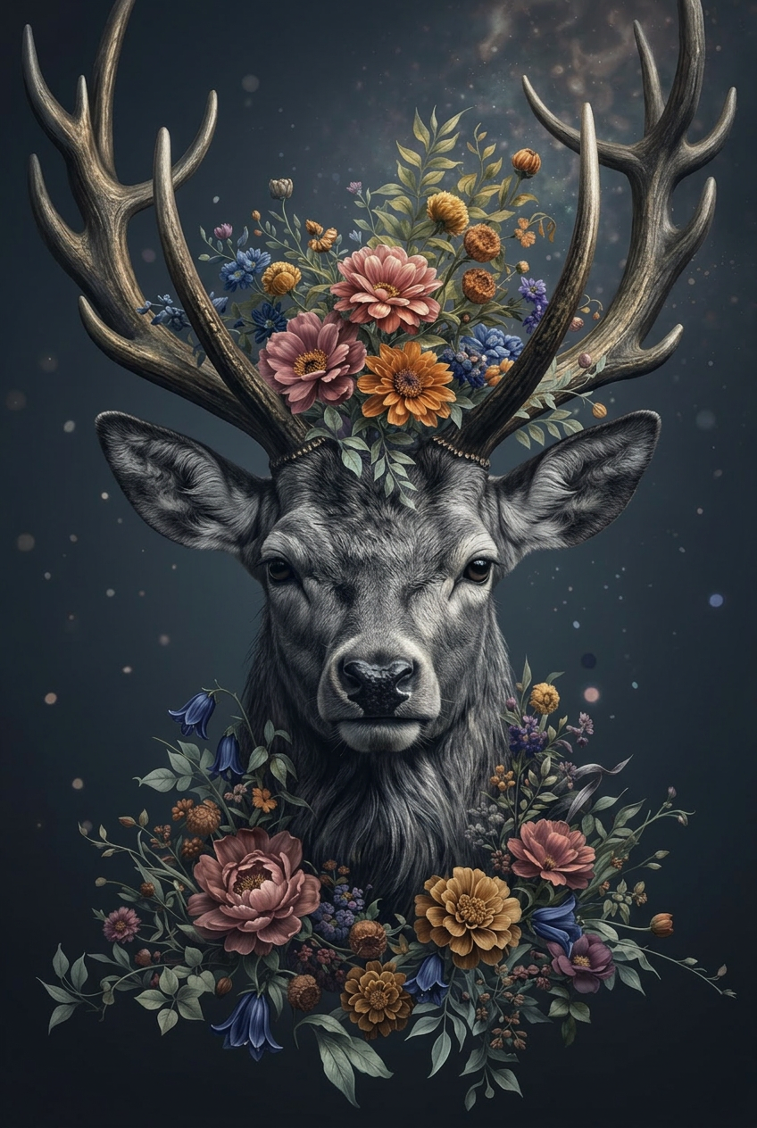Hert met groot gewei en kleurrijke bloemen op donkere sfeervolle achtergrond