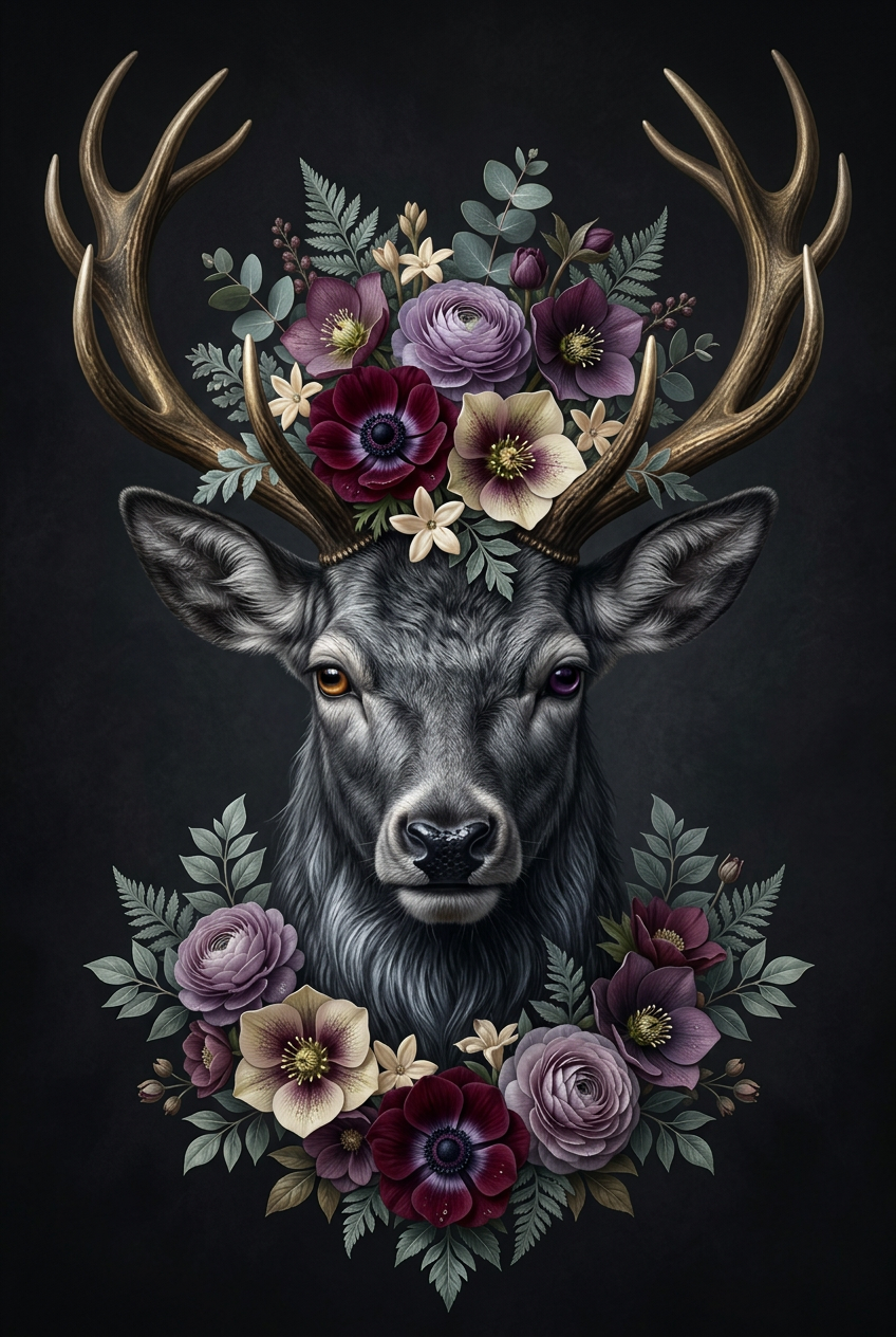 Realistisch hert met gewei omringd door bloemen op donkere achtergrond