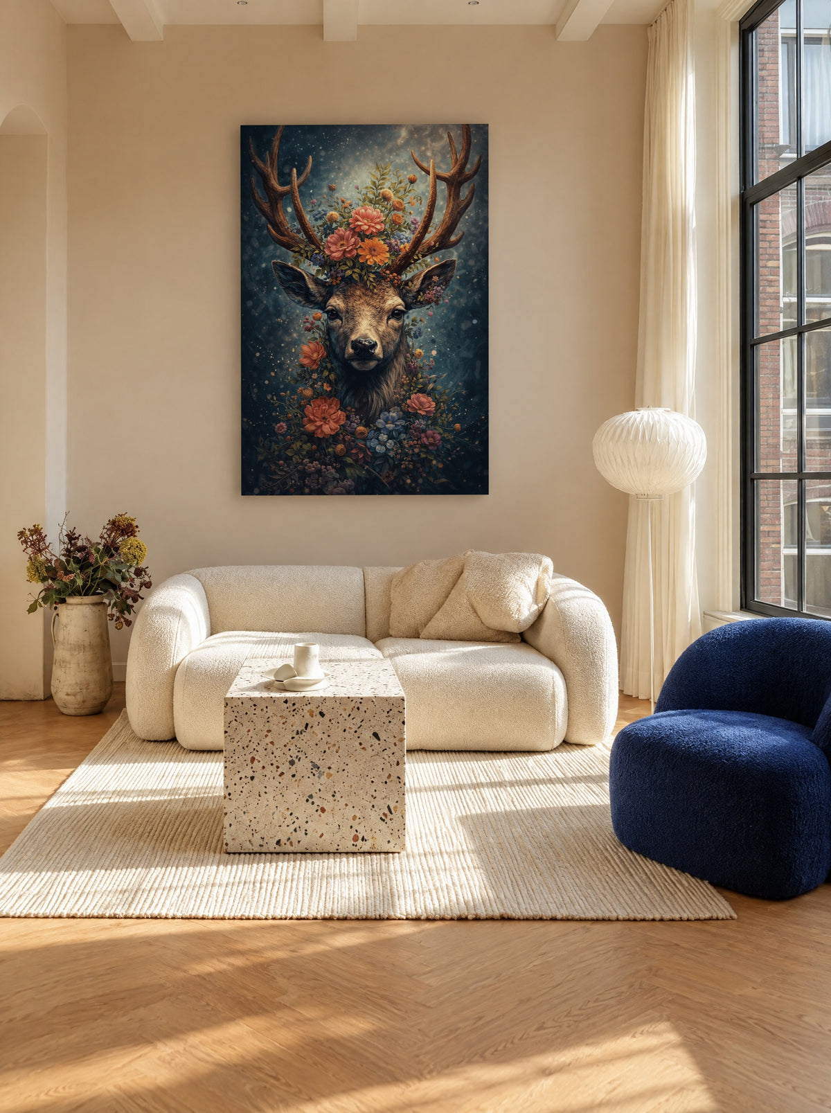 Hert met Bloemenkroon als canvas zonder lijst aan de muur