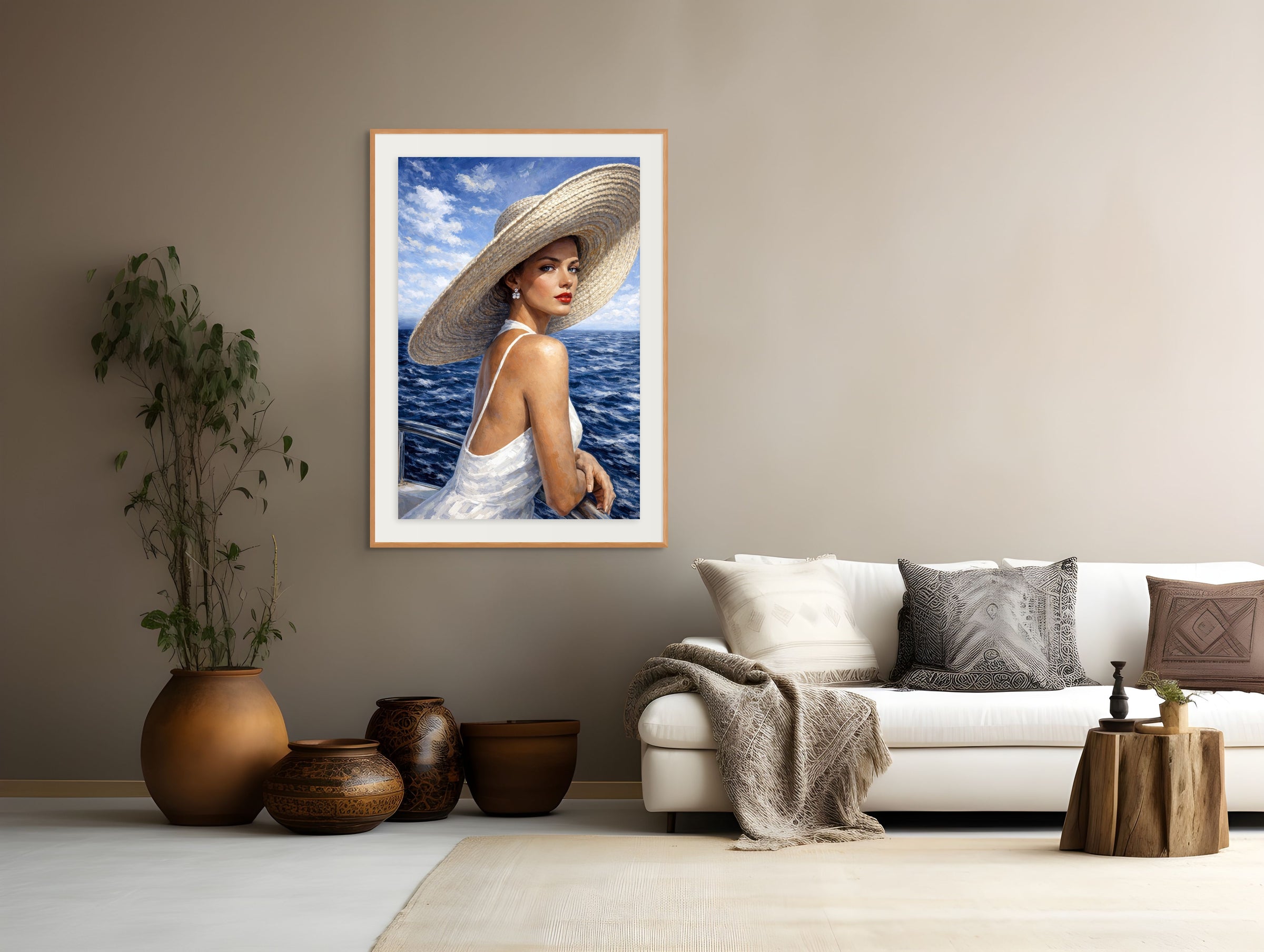 Ingelijst schilderij van een vrouw met strohoed aan zee in een warme woonkamer