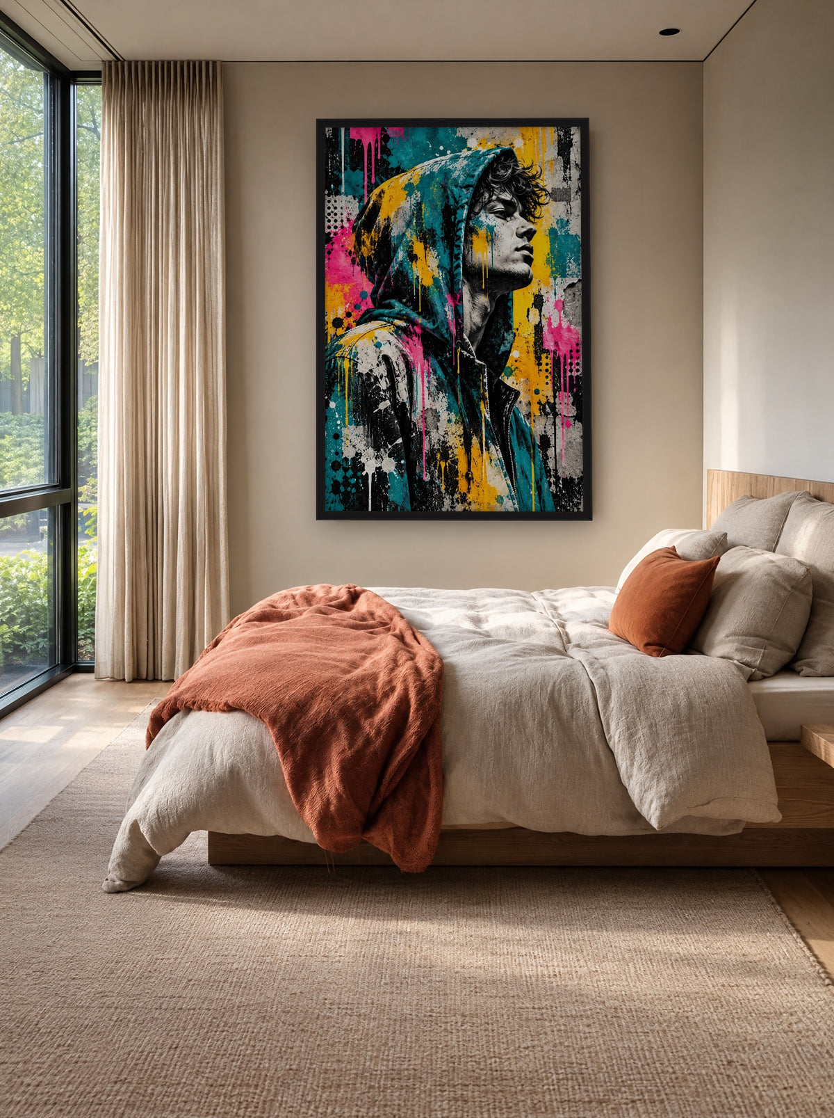Hoodie in Kleur Streetart met zwarte lijst aan de muur