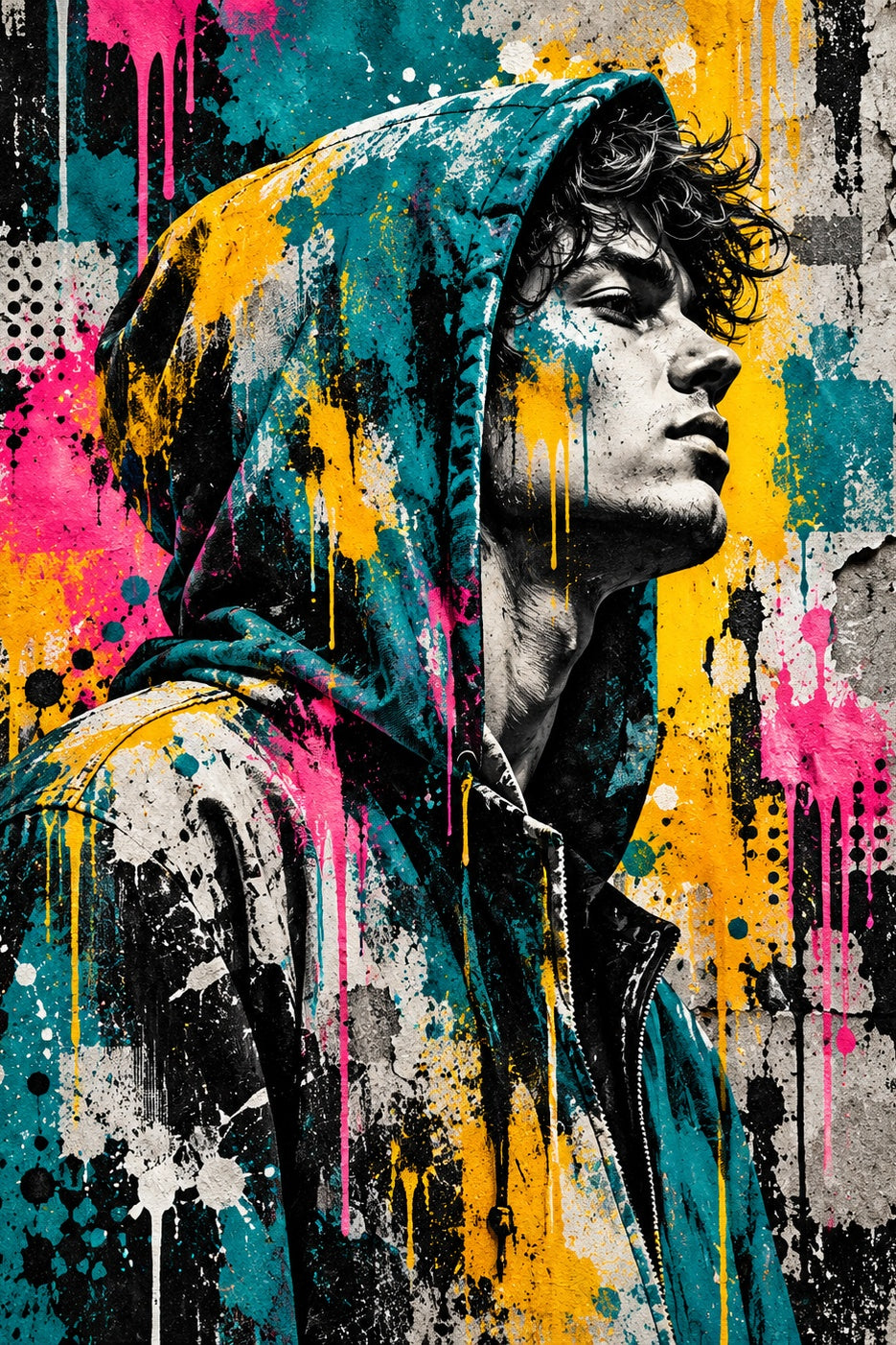 Hoodie in Kleur Streetart: een jongen in hoodie kijkt omhoog