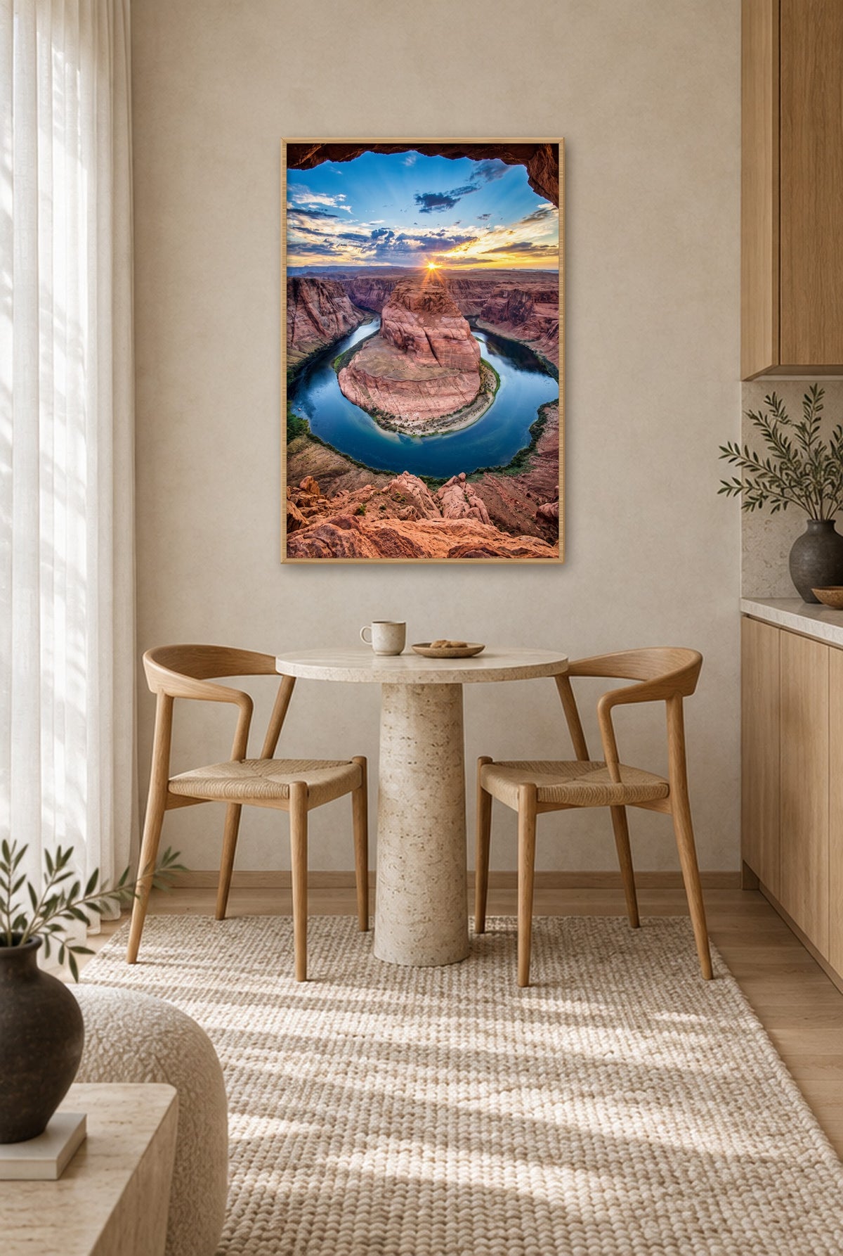 Horseshoe Bend vanaf de Rots Wandbild mit Naturholzrahmen an der Wand in der Küche