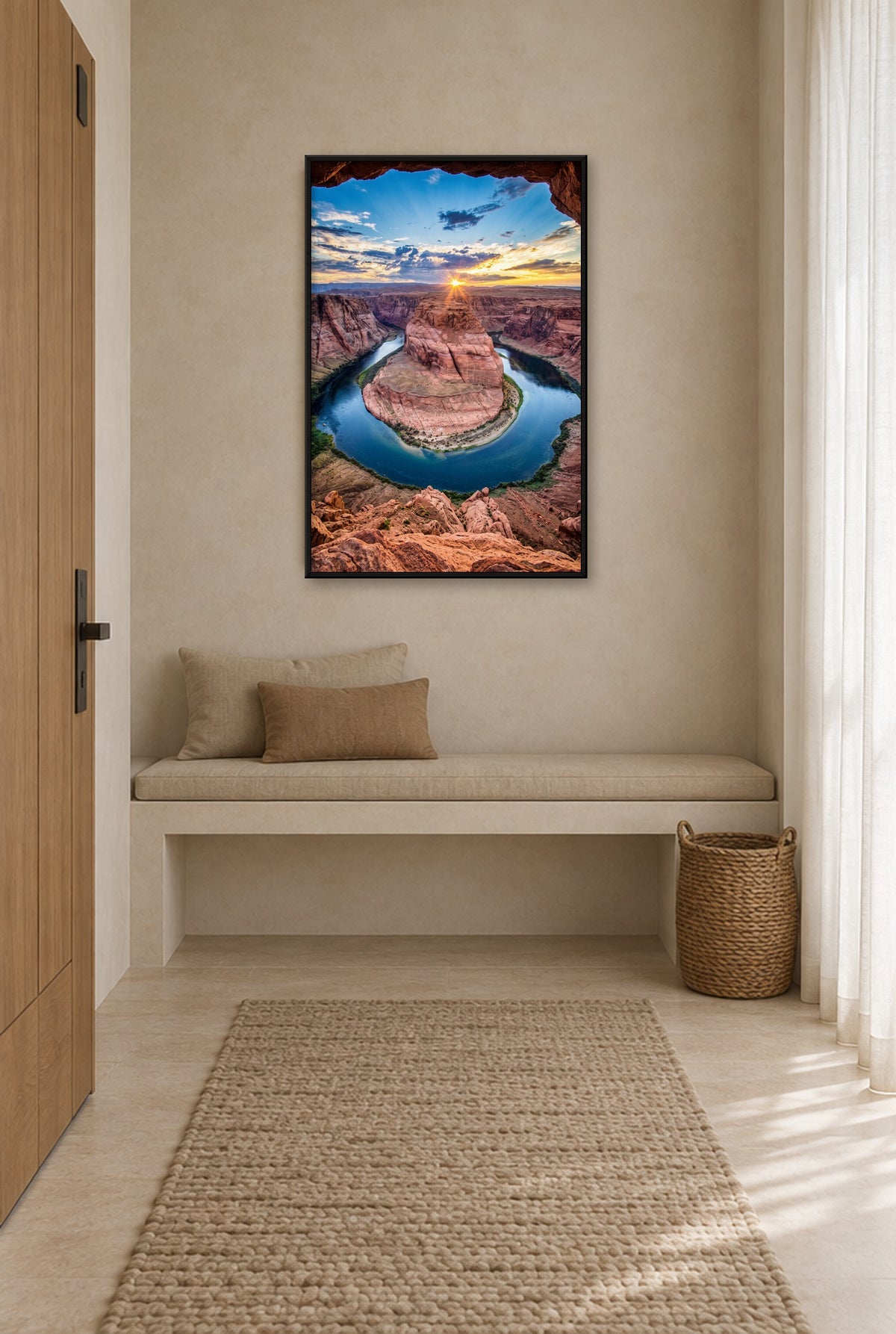 Horseshoe Bend vanaf de Rots Wandbild mit schwarzem Rahmen an der Wand im Flur