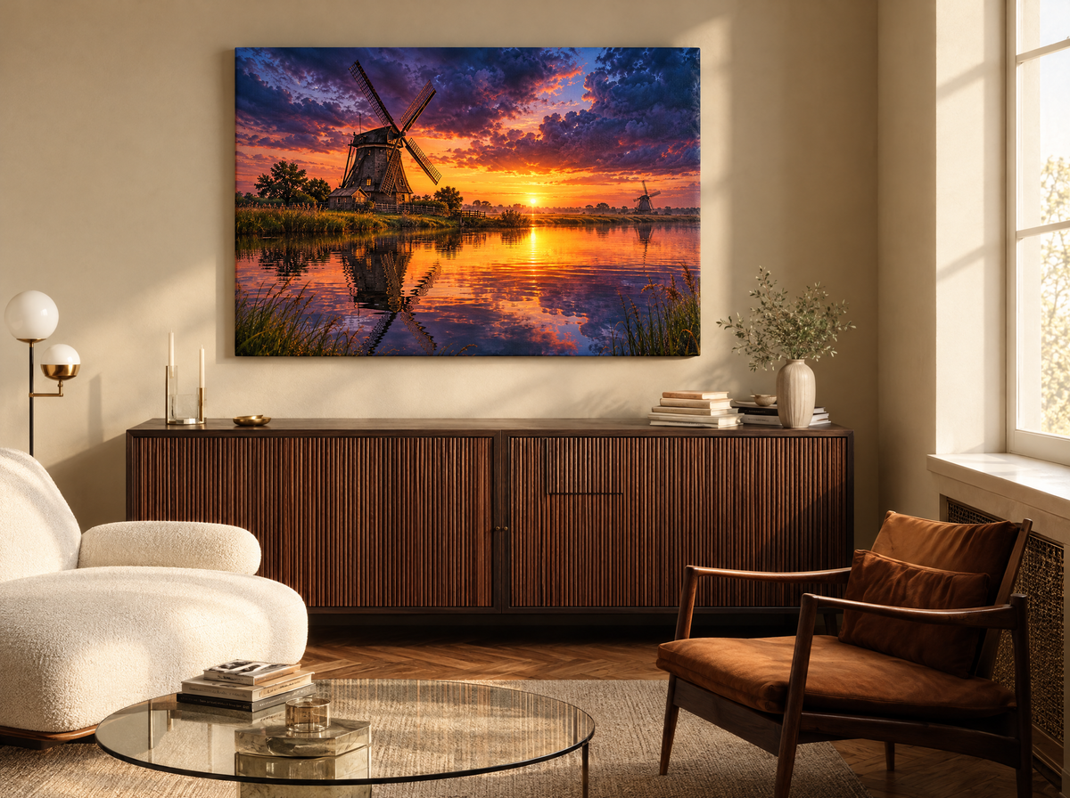 Houten Molen in Paarse Avondlucht als canvas zonder lijst aan de muur
