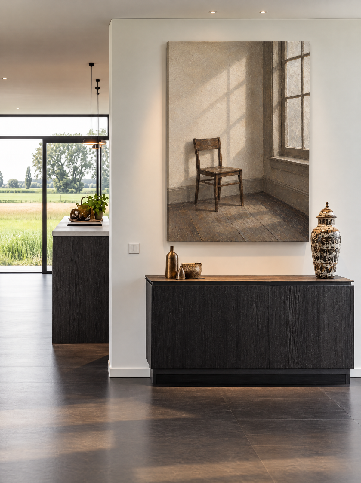 Houten Stoel in Ochtendlicht als canvas zonder lijst aan de muur