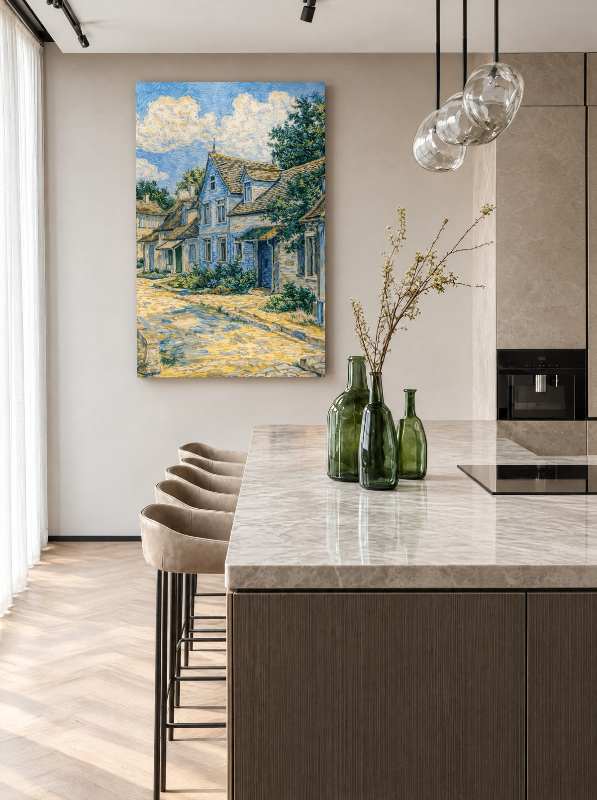 Huizen in Auvers als canvas zonder lijst aan de muur