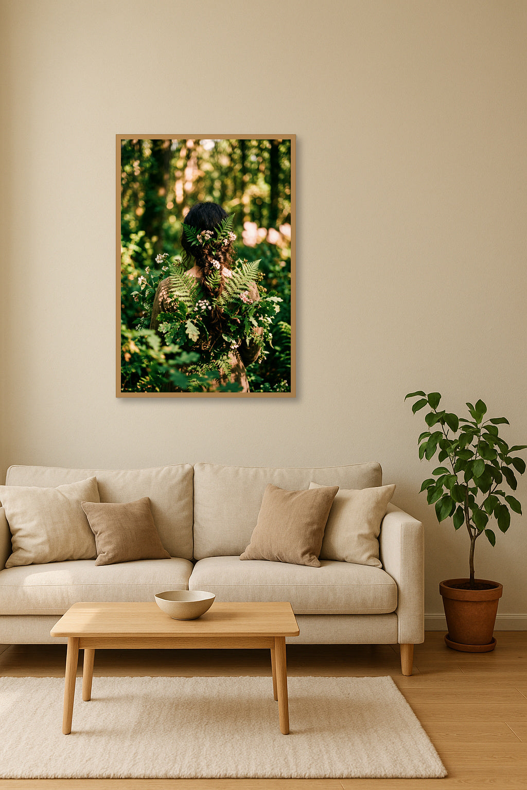 In het Bos Verweven Schilderij - interieurmockup eiken lijst