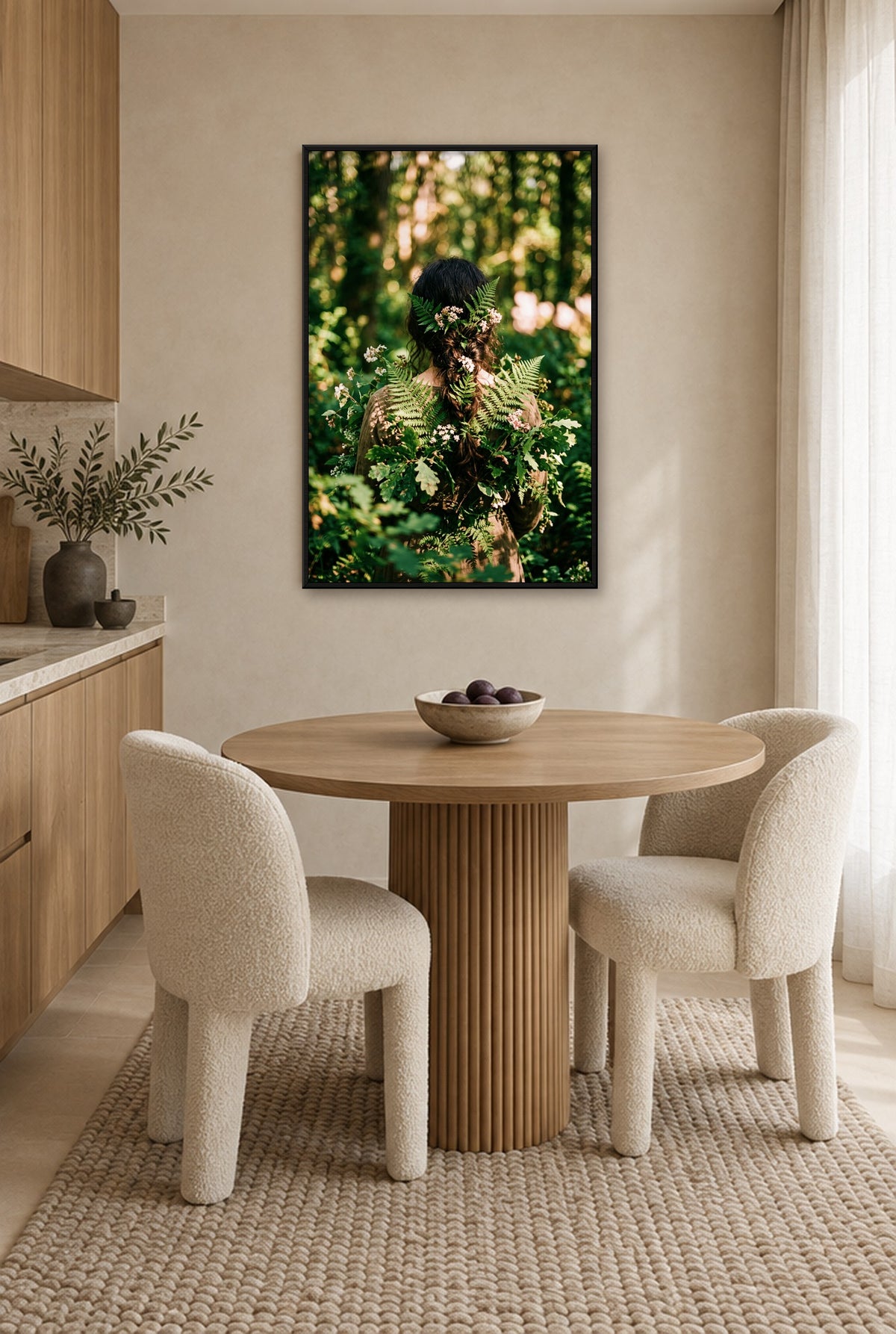 In het Bos Verweven Wandbild mit schwarzem Rahmen an der Wand in der Küche