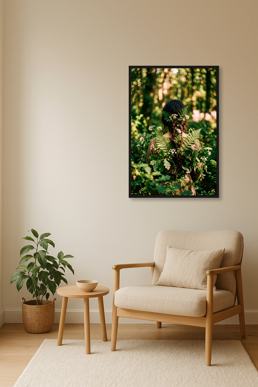 In het Bos Verweven Schilderij - interieurmockup zwarte lijst