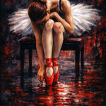 Schilderachtig beeld van een ballerina op een bankje met rode spitzen en witte tutu