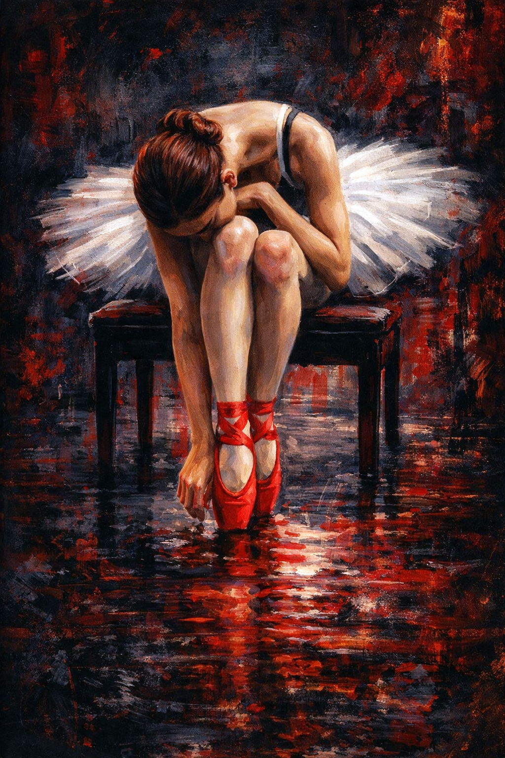 Schilderachtig beeld van een ballerina op een bankje met rode spitzen en witte tutu