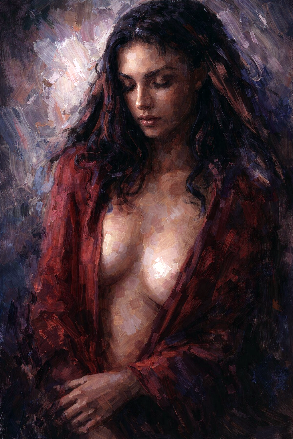 Schilderachtig vrouwelijk portret in warme bordeaux tinten met zachte expressie