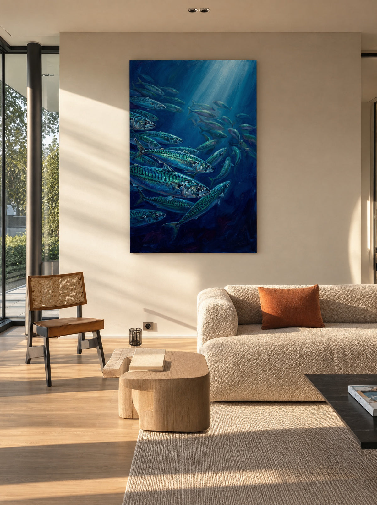 Iriserende Makrelen als canvas zonder lijst aan de muur