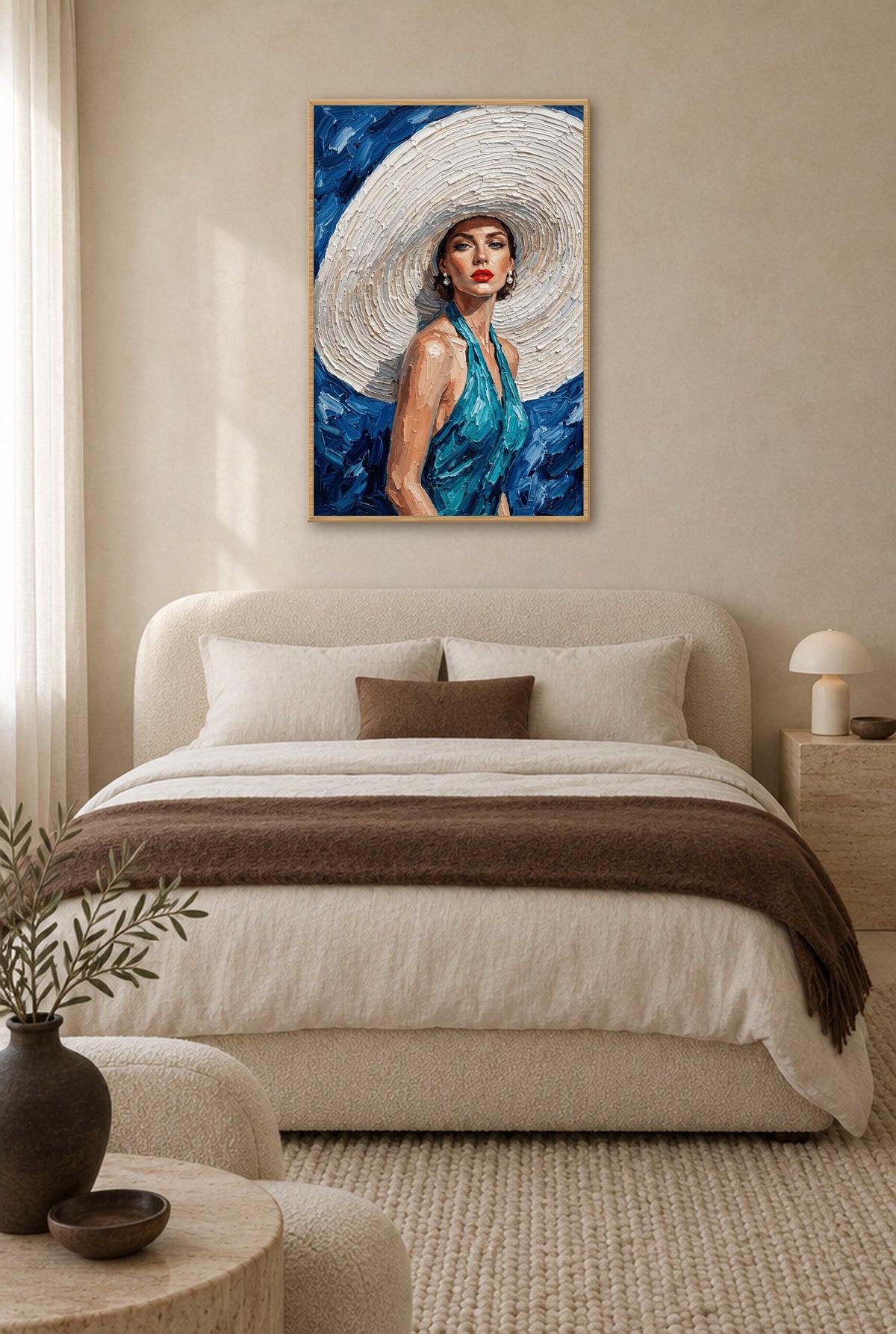 Ivory Halo Wandbild mit Naturholzrahmen an der Wand im Schlafzimmer