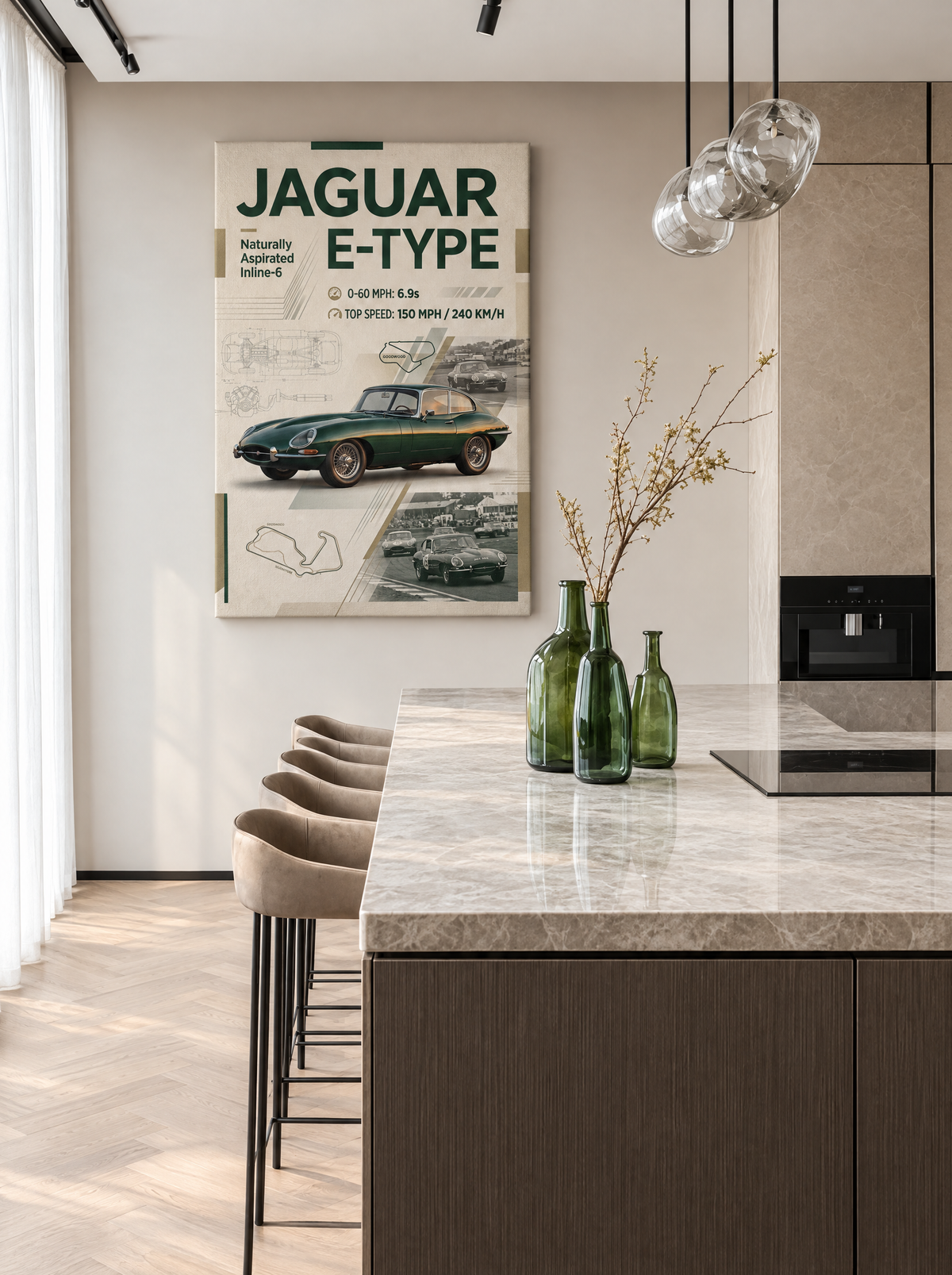 Jaguar E-Type als canvas zonder lijst aan de muur