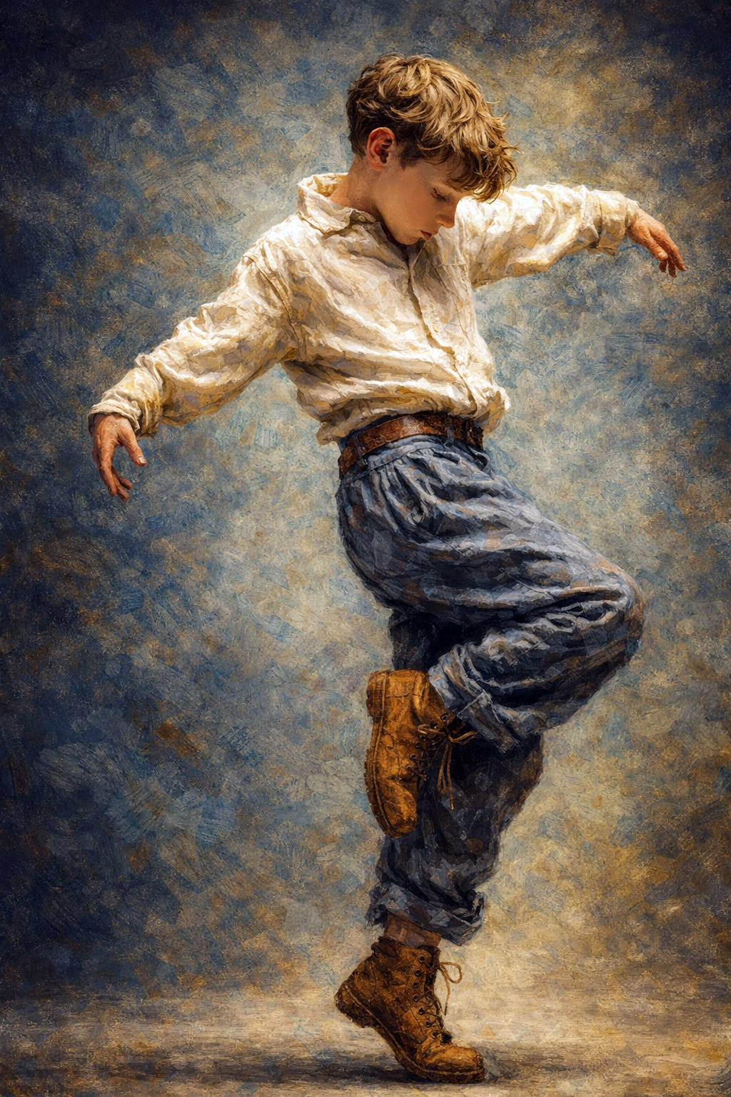 Schilderachtig beeld van een jonge danser in beweging met lichte blouse en blauwe broek