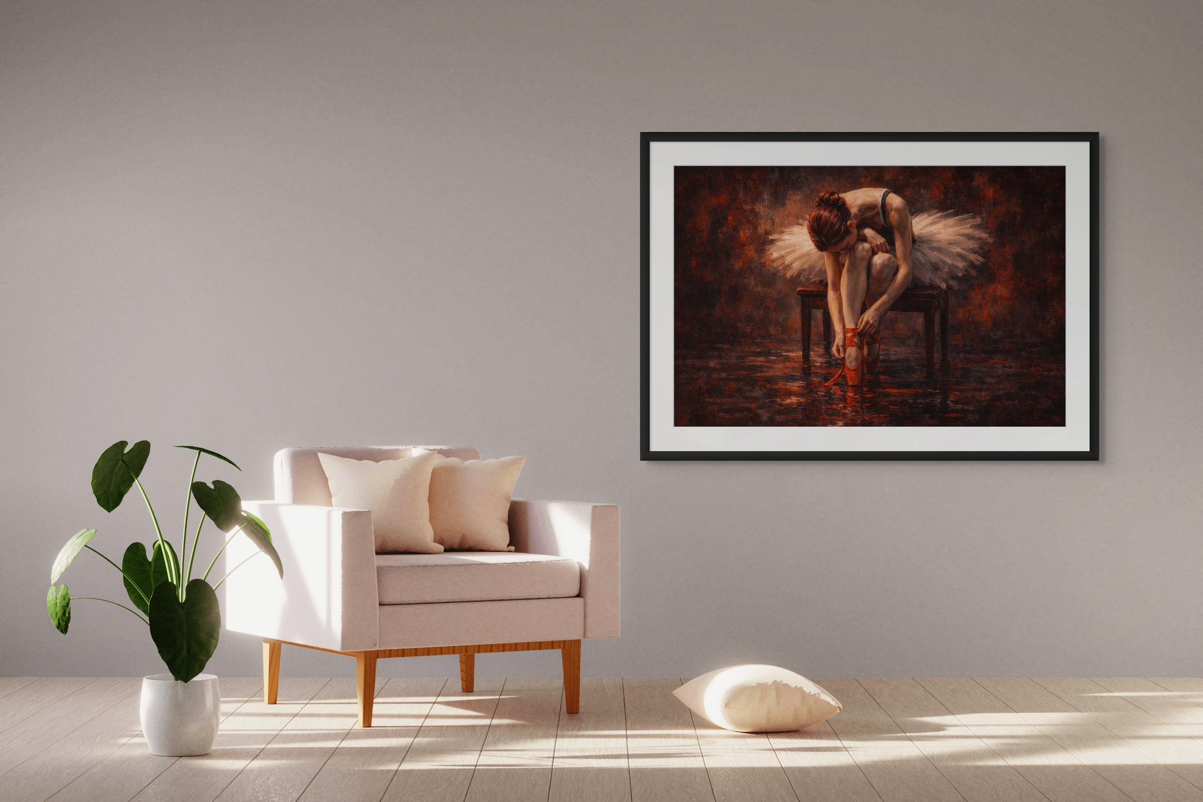 Ingelijst schilderij van een ballerina boven een witte fauteuil