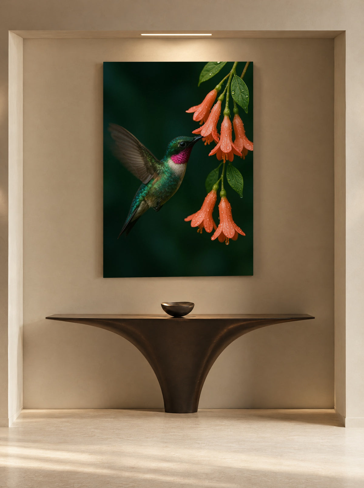 Juwelenvlucht bij Nectarbloesem als canvas zonder lijst aan de muur