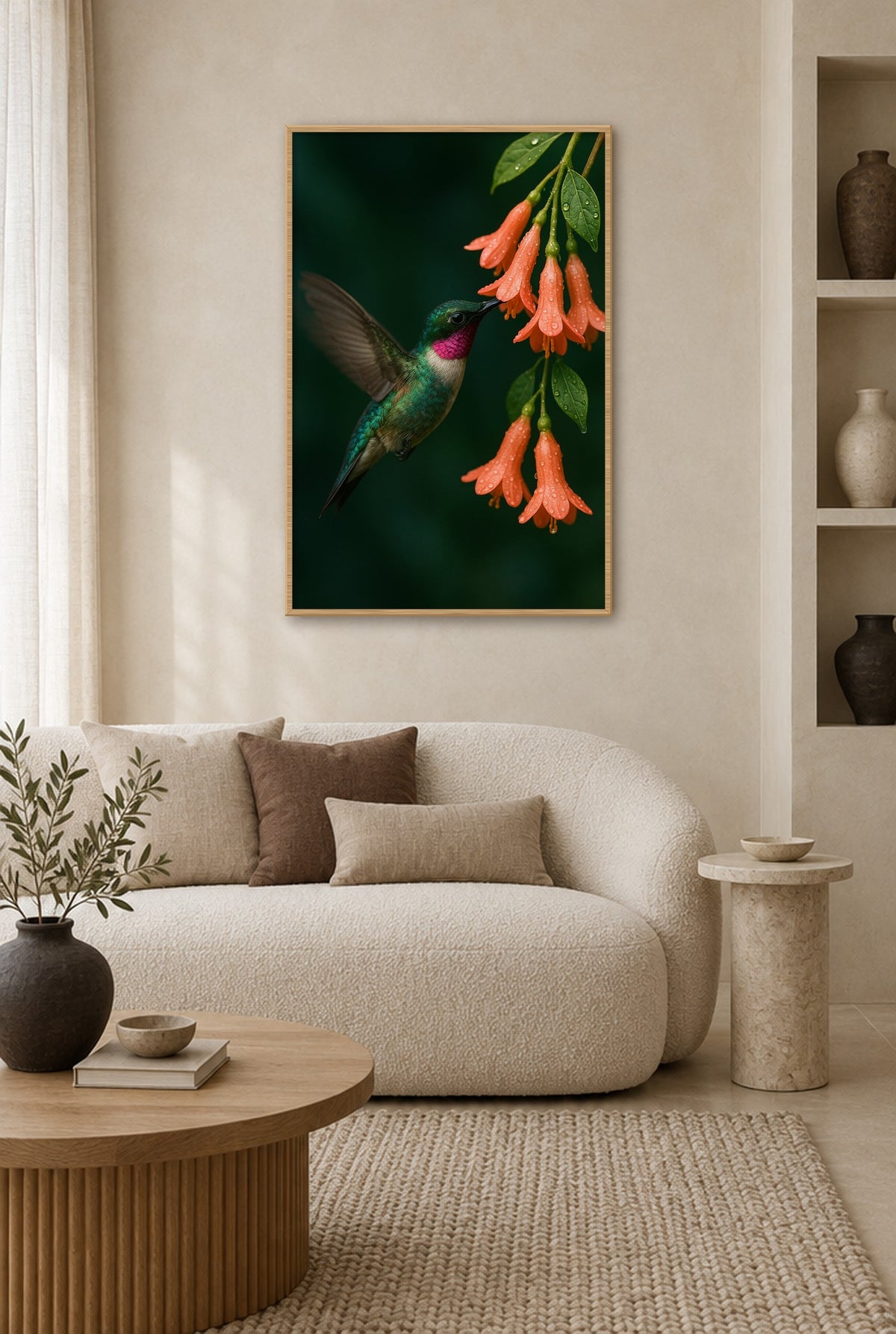 Juwelenvlucht bij Nectarbloesem Wandbild mit Naturholzrahmen an der Wand im Wohnzimmer