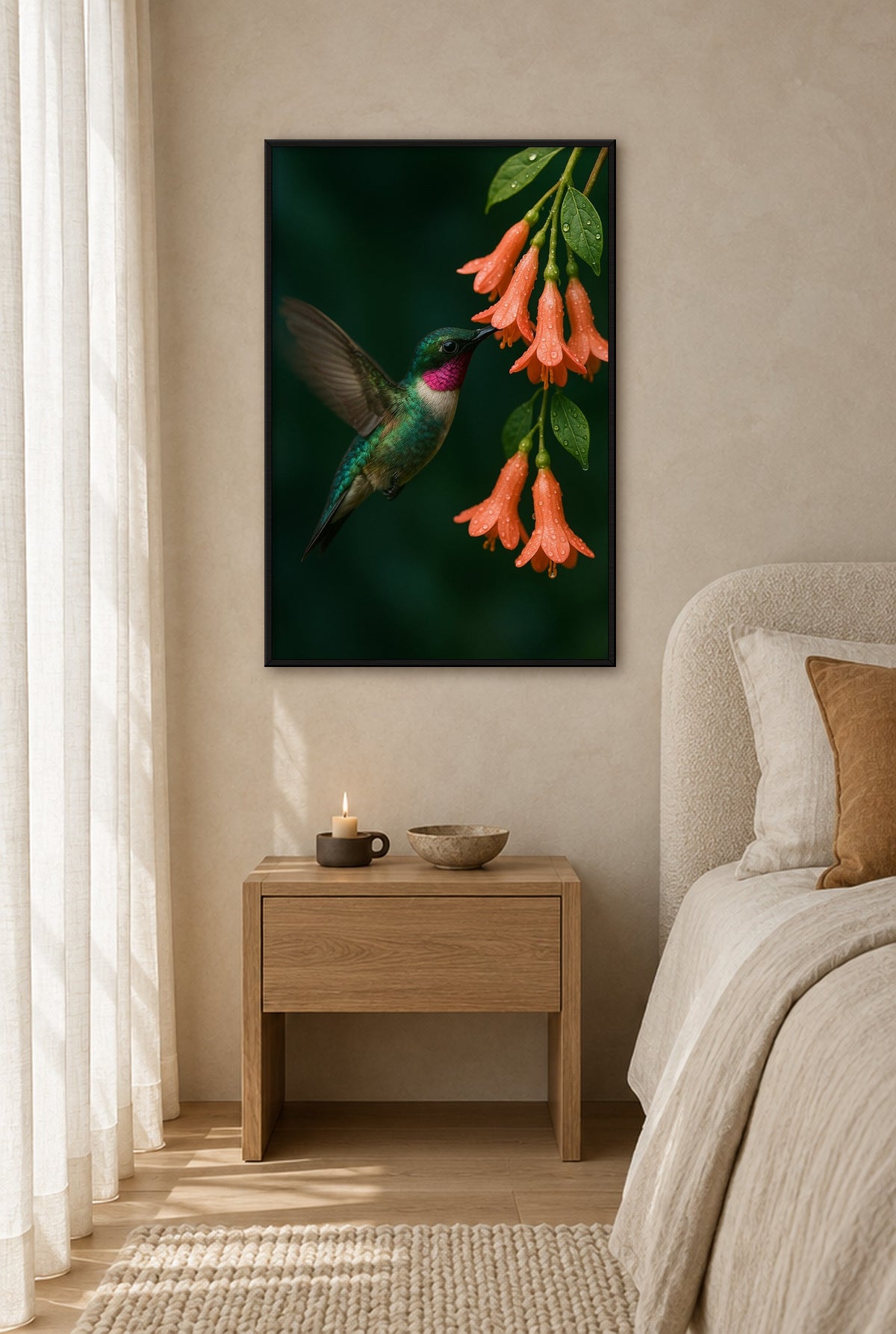 Juwelenvlucht bij Nectarbloesem Wandbild mit schwarzem Rahmen an der Wand im Schlafzimmer