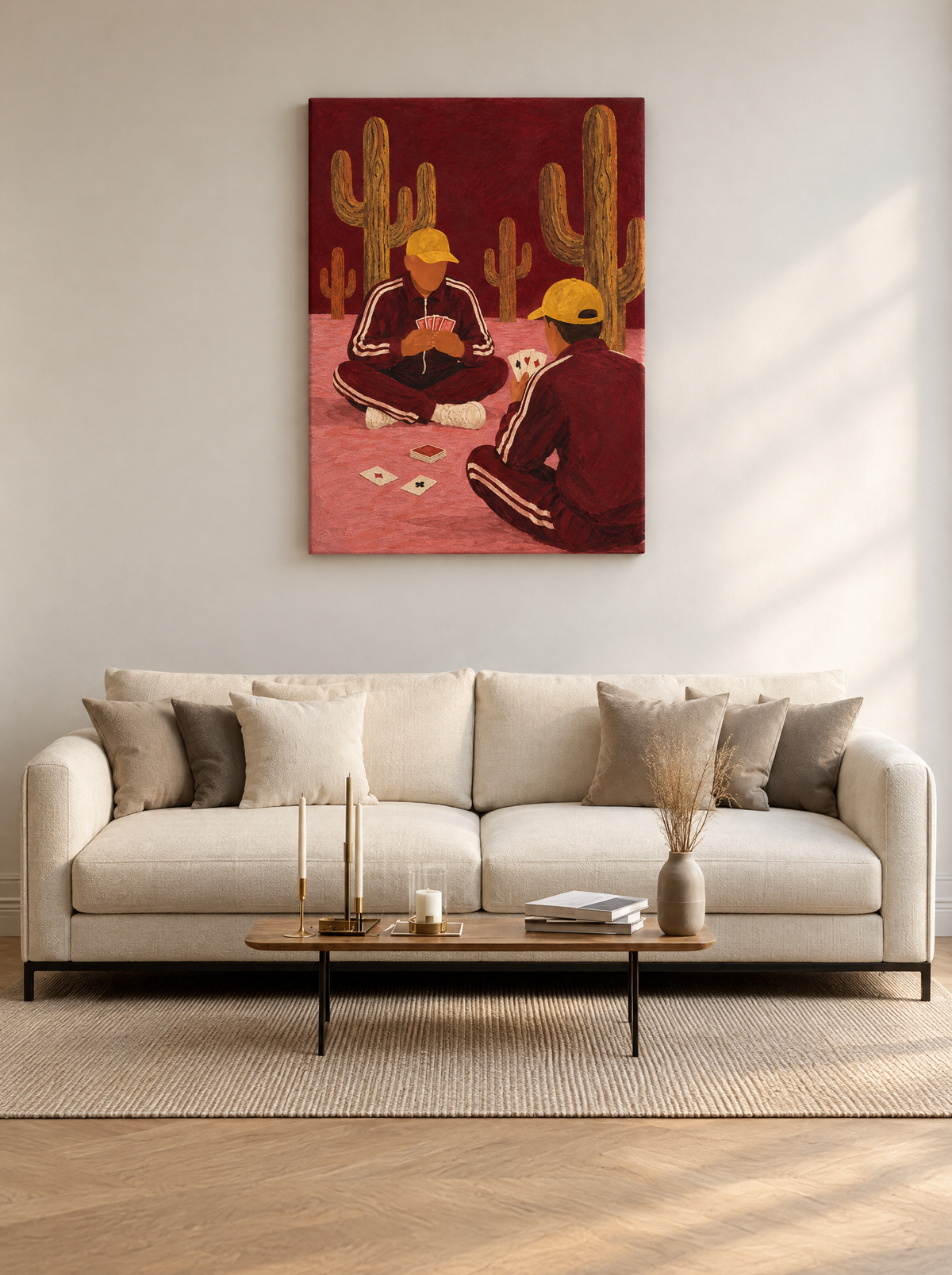 Kaartspel tussen de Cactussen als canvas zonder lijst aan de muur