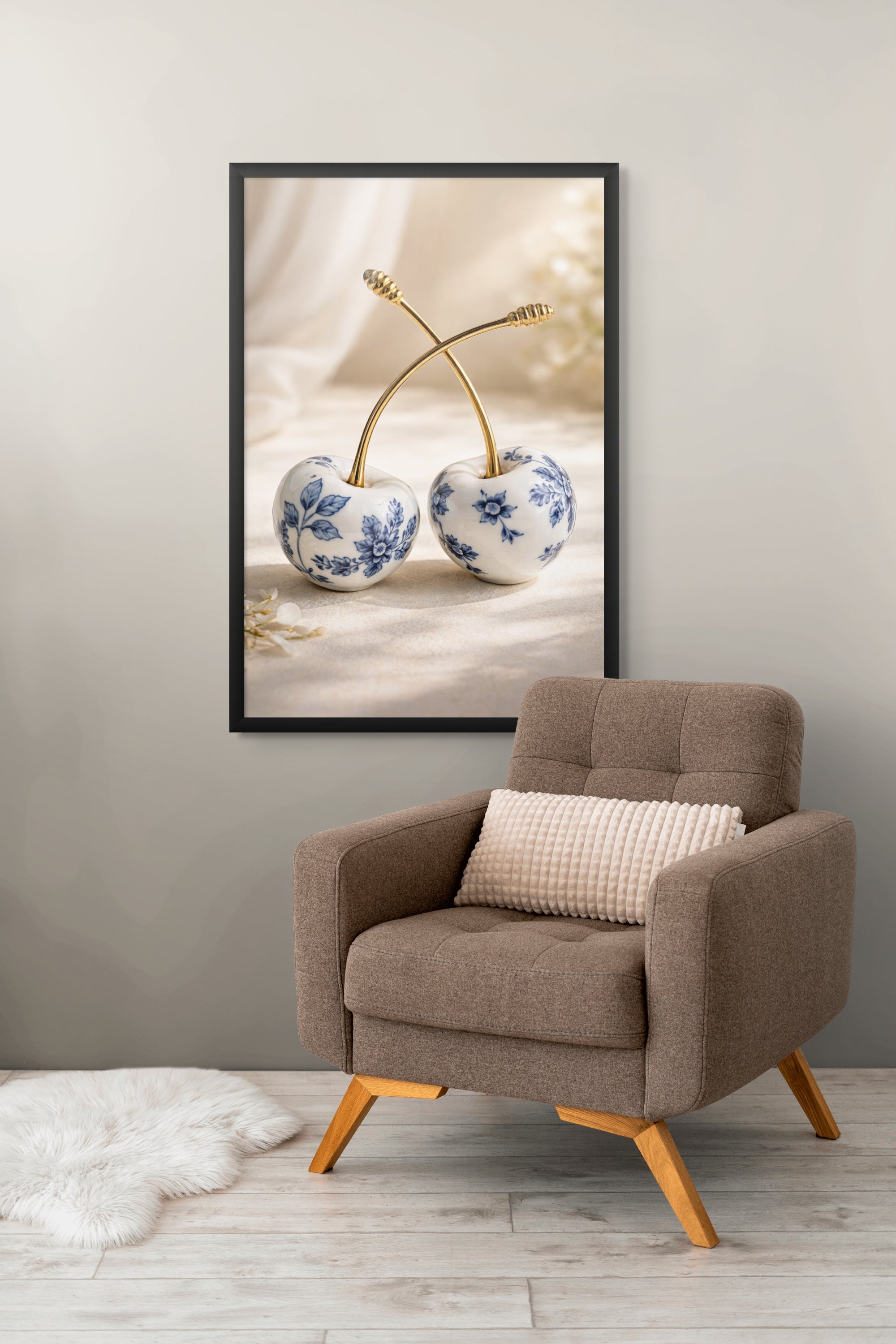 Delfts Blauw Kersen Wanddecoratie Goud – Elegante Canvas of Aluminium Print