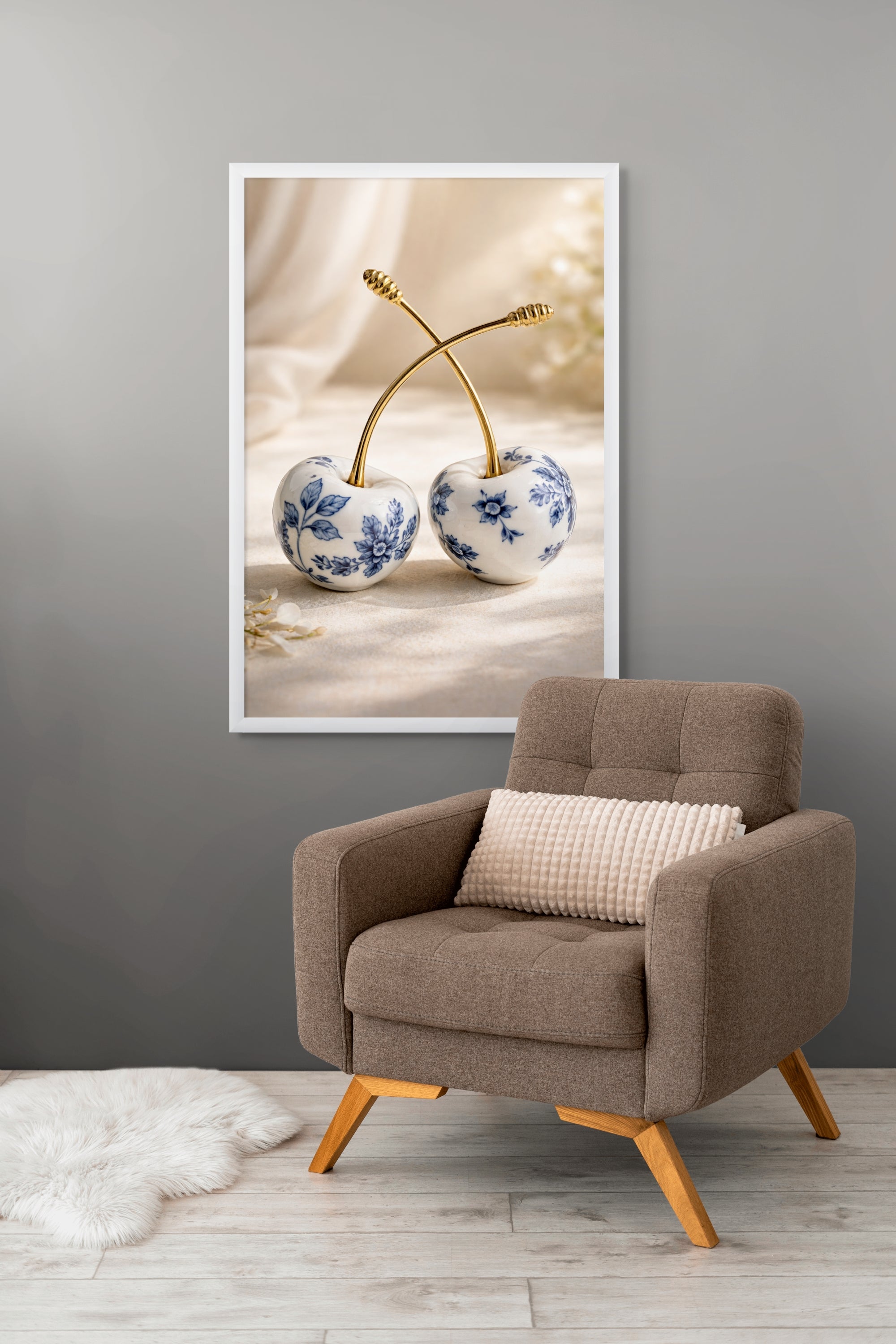 Delfts Blauw Kersen Wanddecoratie Goud – Elegante Canvas of Aluminium Print