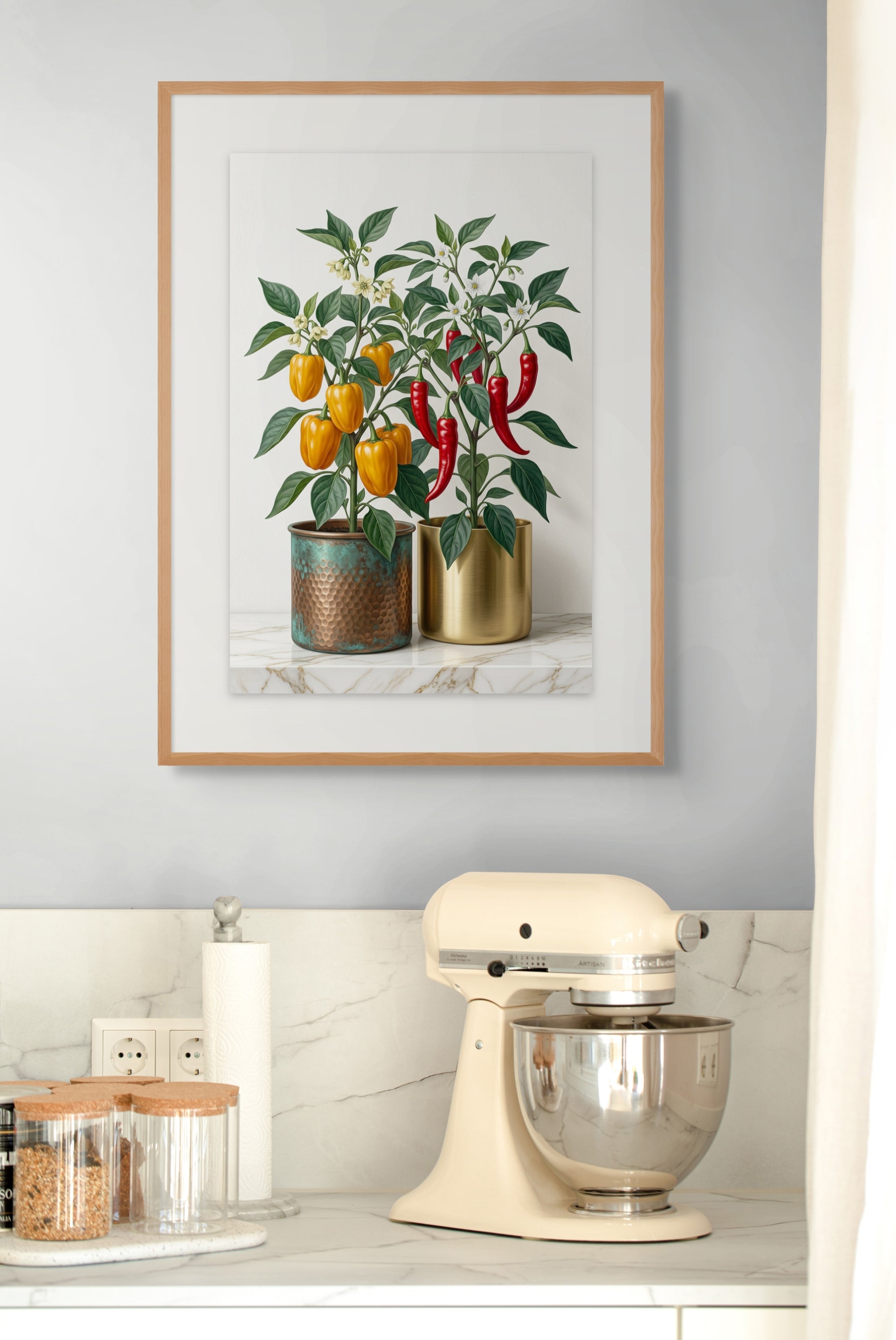 Botanische pepperprint in een keuken met crèmekleurige keukenmachine