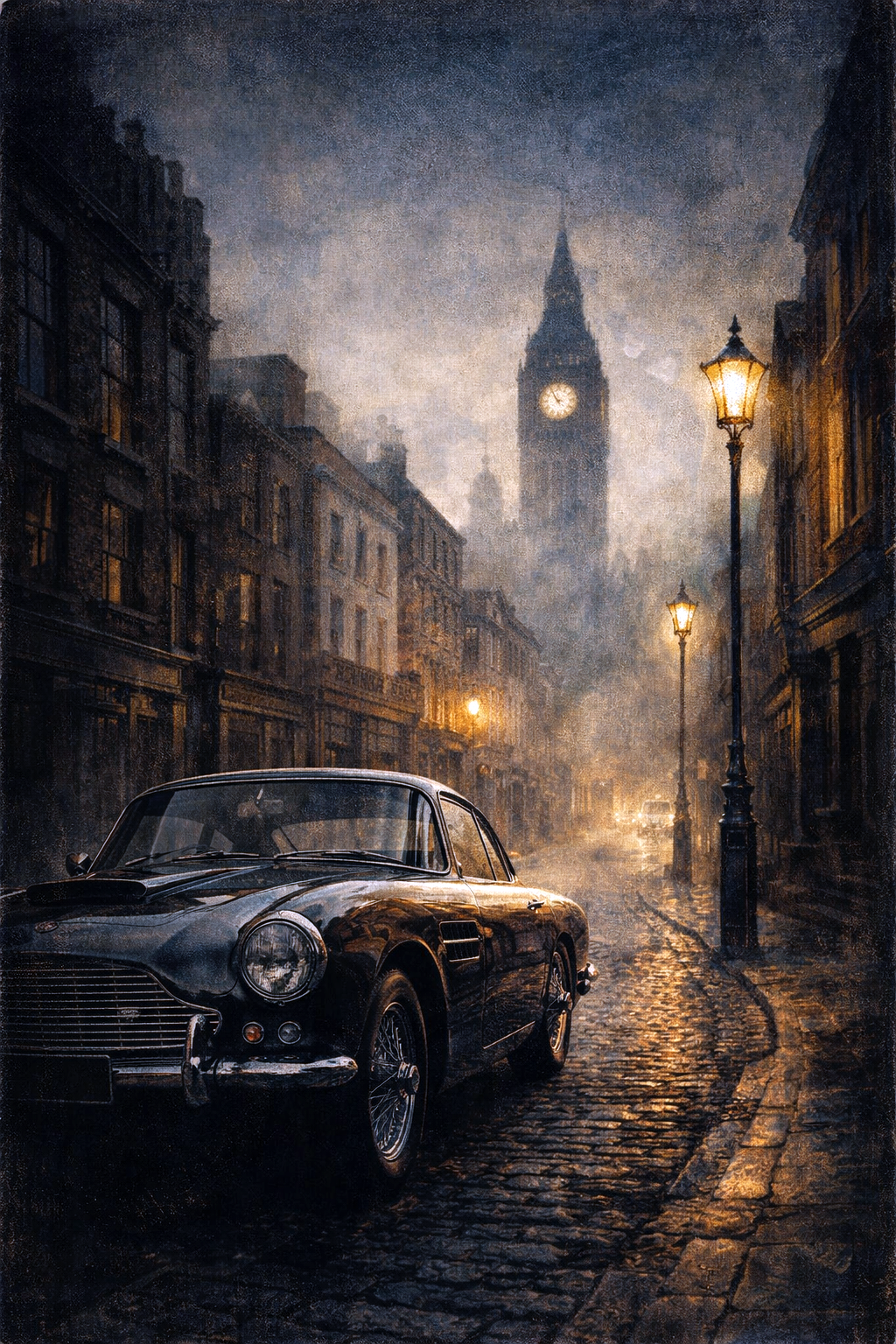 Schilderachtig beeld van een klassieke oldtimer in een natte Londense straat met Big Ben op de achtergrond