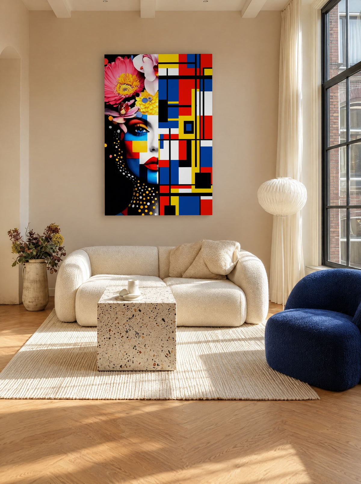 Kleurenkoorts in Blokkenstad als canvas zonder lijst aan de muur