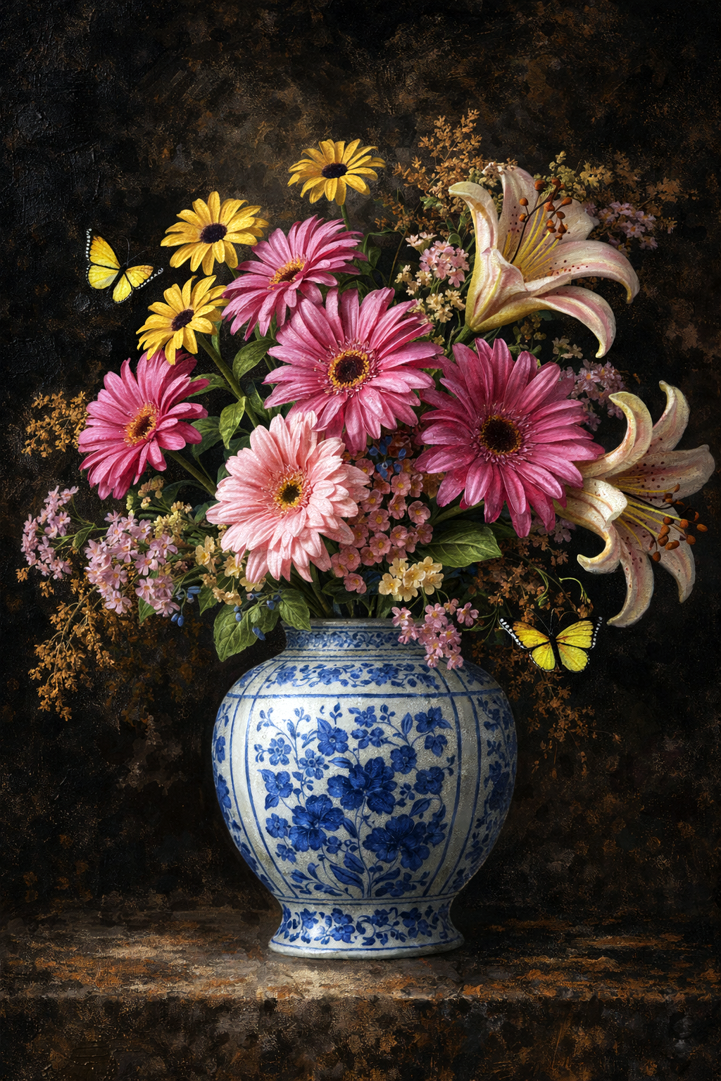 Schilderachtig stilleven met kleurrijk bloemenboeket in een blauw-witte porseleinen vaas