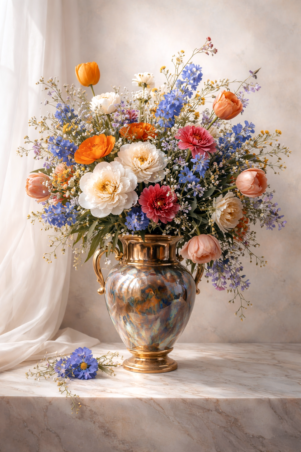 Schilderachtig stilleven met kleurrijk bloemenboeket in een glanzende sierlijke vaas