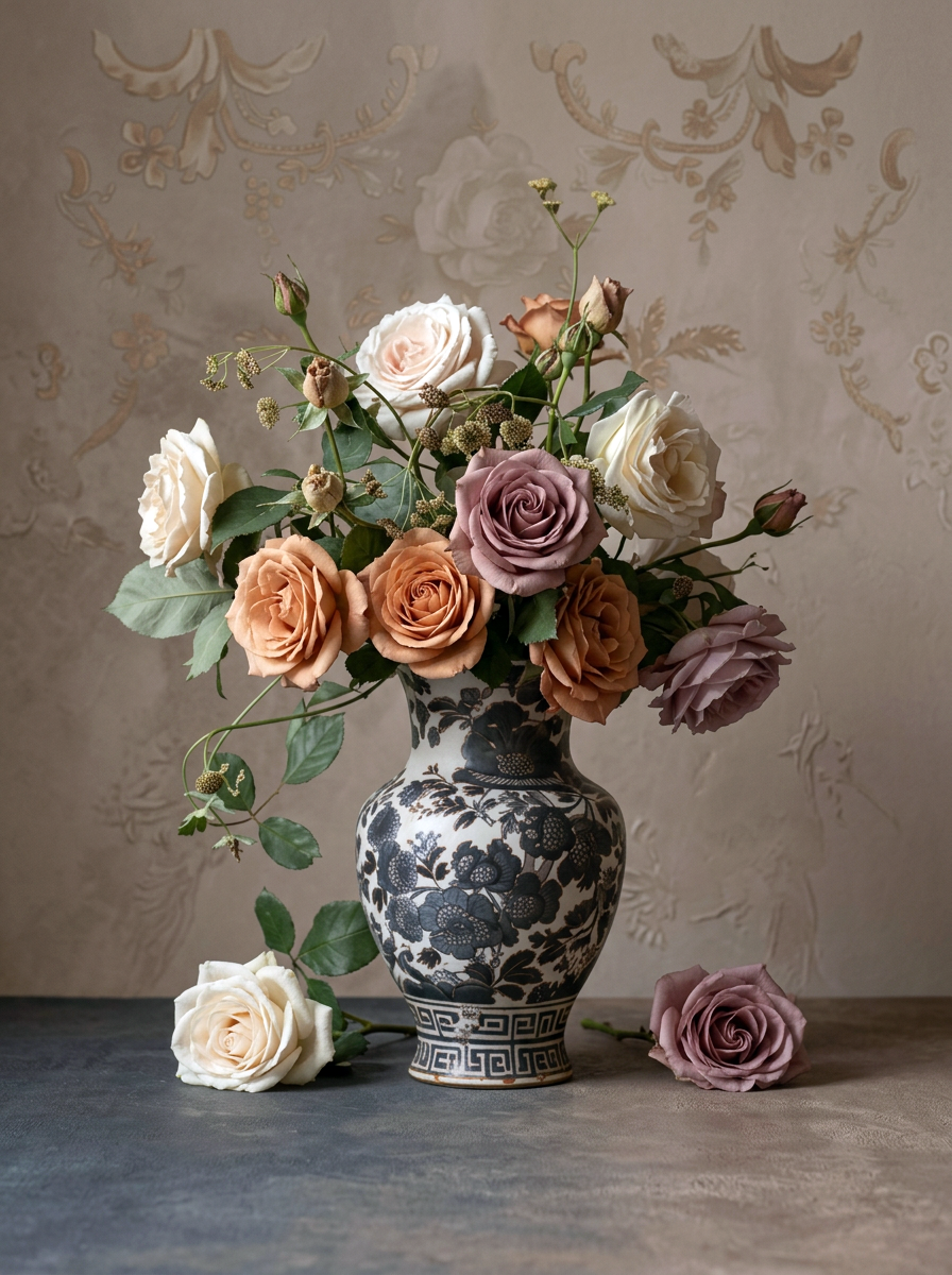 Schilderachtig bloemenboeket met witte, roze, blauwe en oranje bloemen in een zilveren vaas