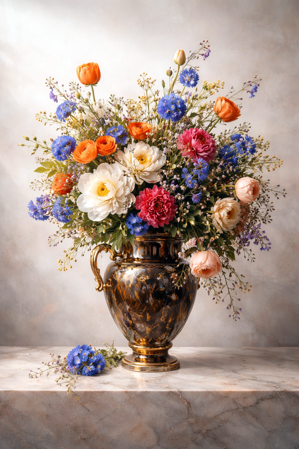 Schilderachtig stilleven met kleurrijk veldboeket in een klassieke donkerglanzende vaas