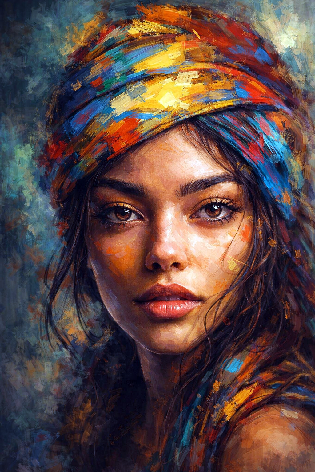 Schilderachtig portret van een vrouw met kleurrijke hoofddoek in levendige blauwe, oranje en rode tinten