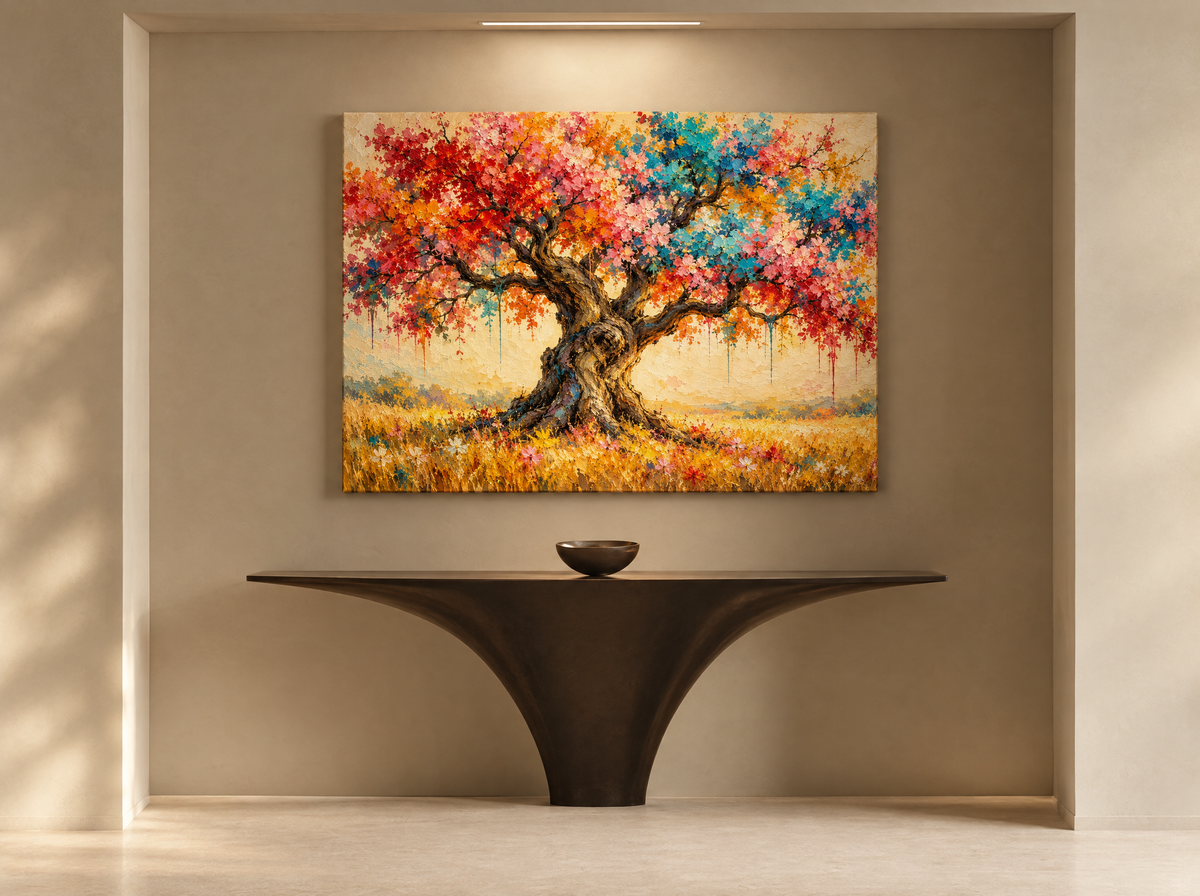 Kleurrijke Boom in Korenveld als canvas zonder lijst aan de muur