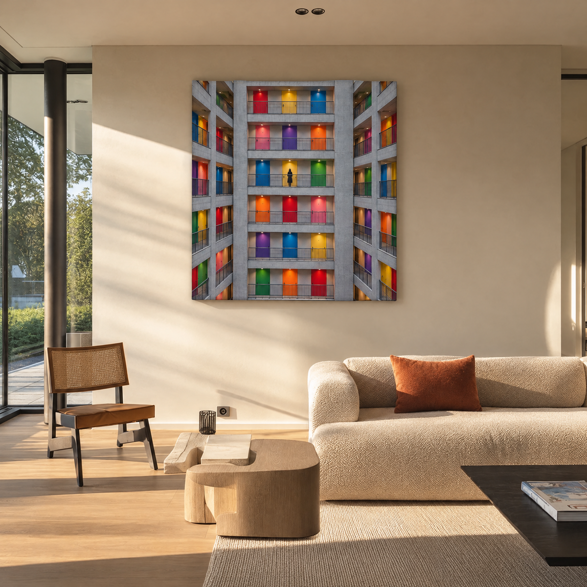 Kleurrijke Deuren in Betonnen Gevel als canvas zonder lijst aan de muur