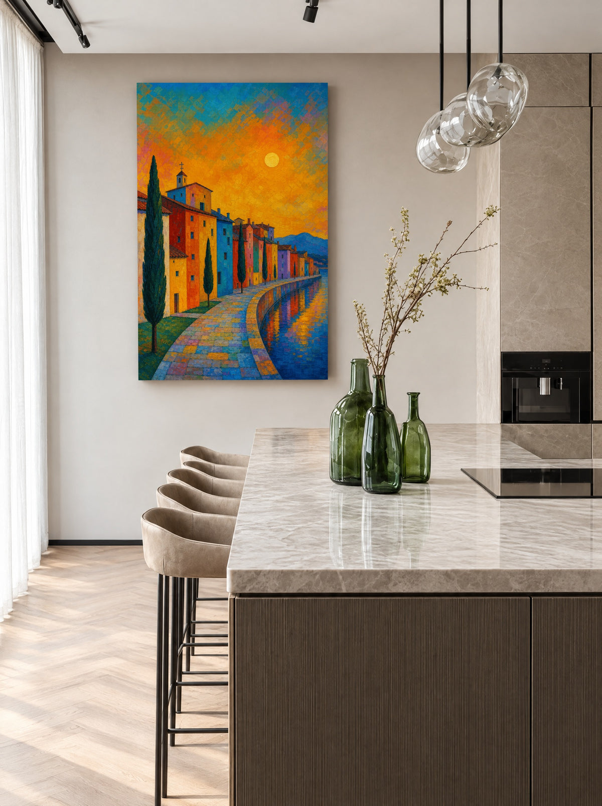 Kleurrijke Kade aan het Water als canvas zonder lijst aan de muur