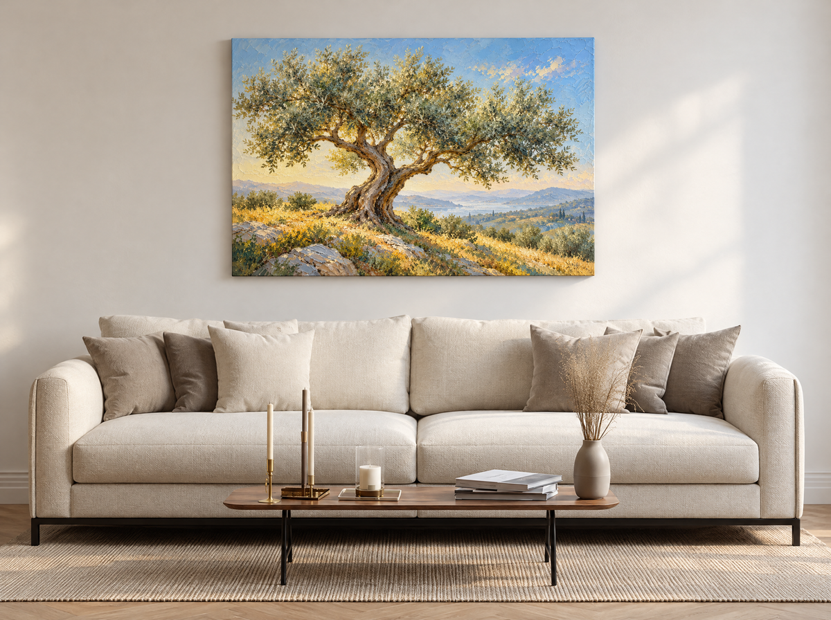 Knoestige Olijfboom op de Heuvel als canvas zonder lijst aan de muur