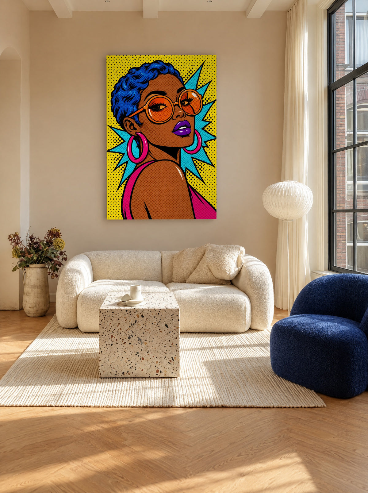 Kobaltblauw Haar en Oranje Bril als canvas zonder lijst aan de muur