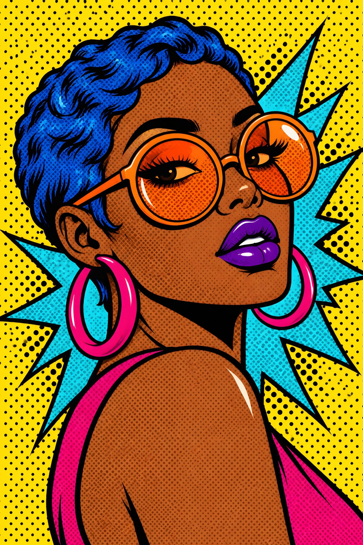 Kobaltblauw Haar en Oranje Bril popart canvas schilderij