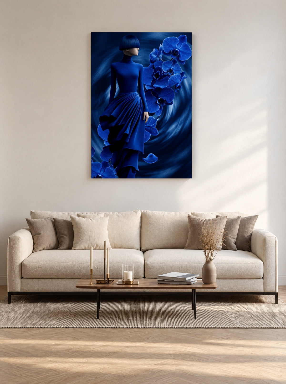Kobaltwervel met Orchideën als canvas zonder lijst aan de muur