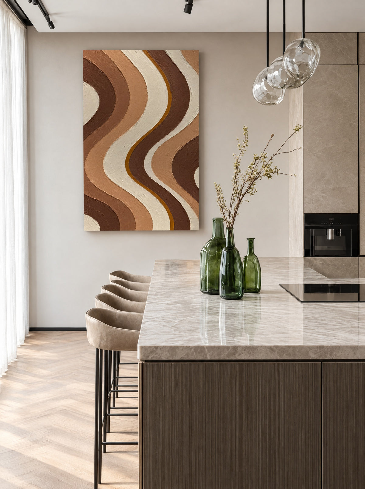 Koffiegolven in Espresso en Caramel als canvas zonder lijst aan de muur
