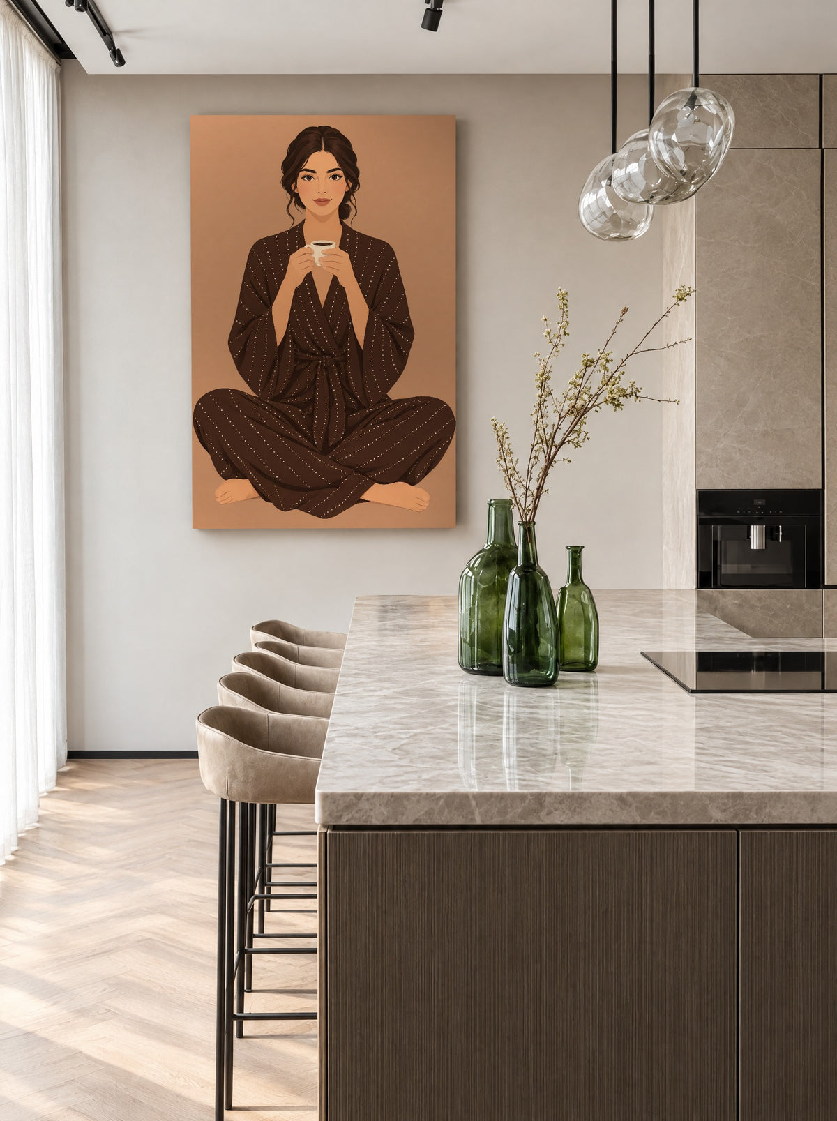 Koffiepauze in Bruine Kimono als canvas zonder lijst aan de muur
