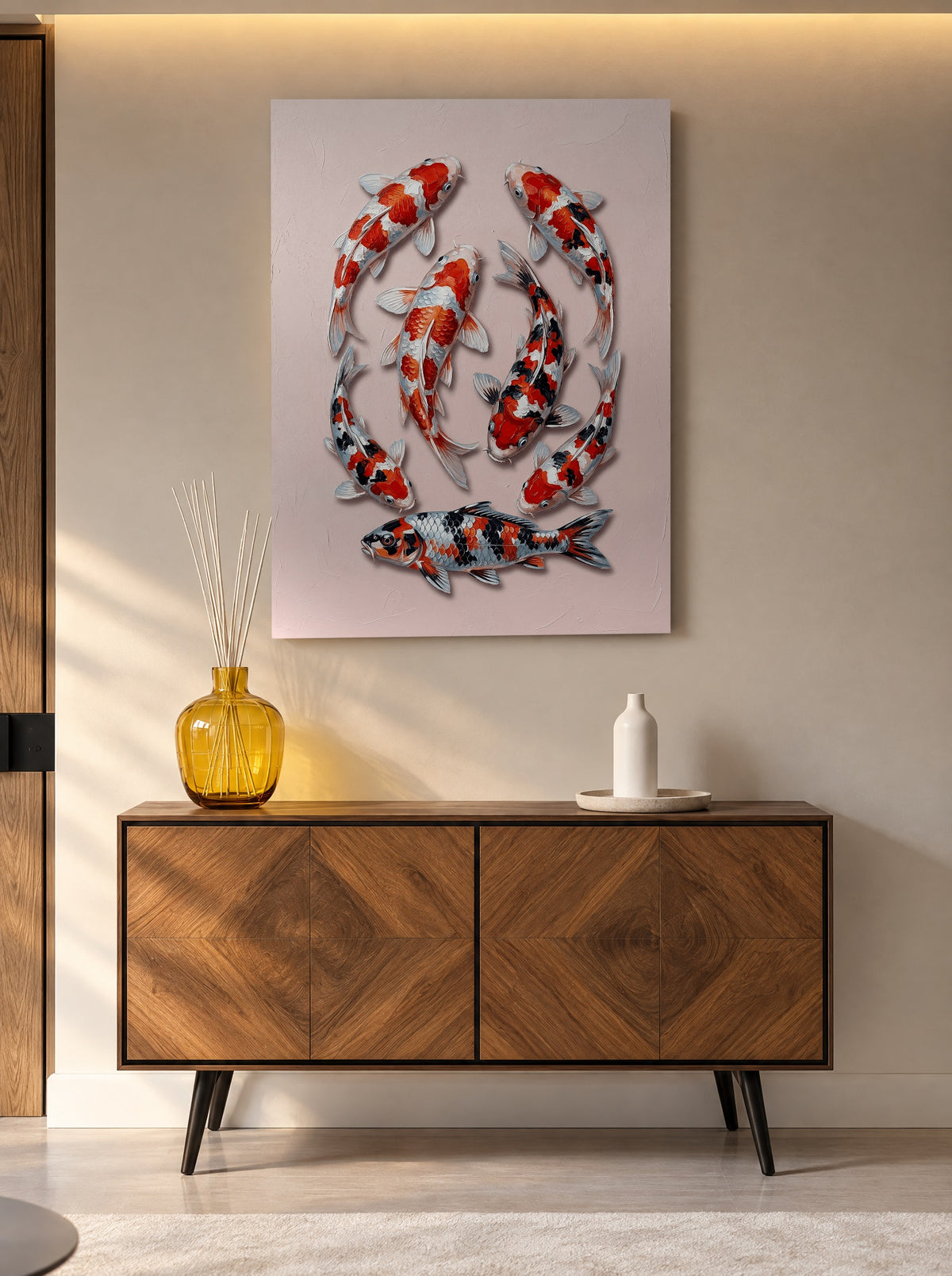 Koi Parade in Porseleinroze als canvas zonder lijst aan de muur