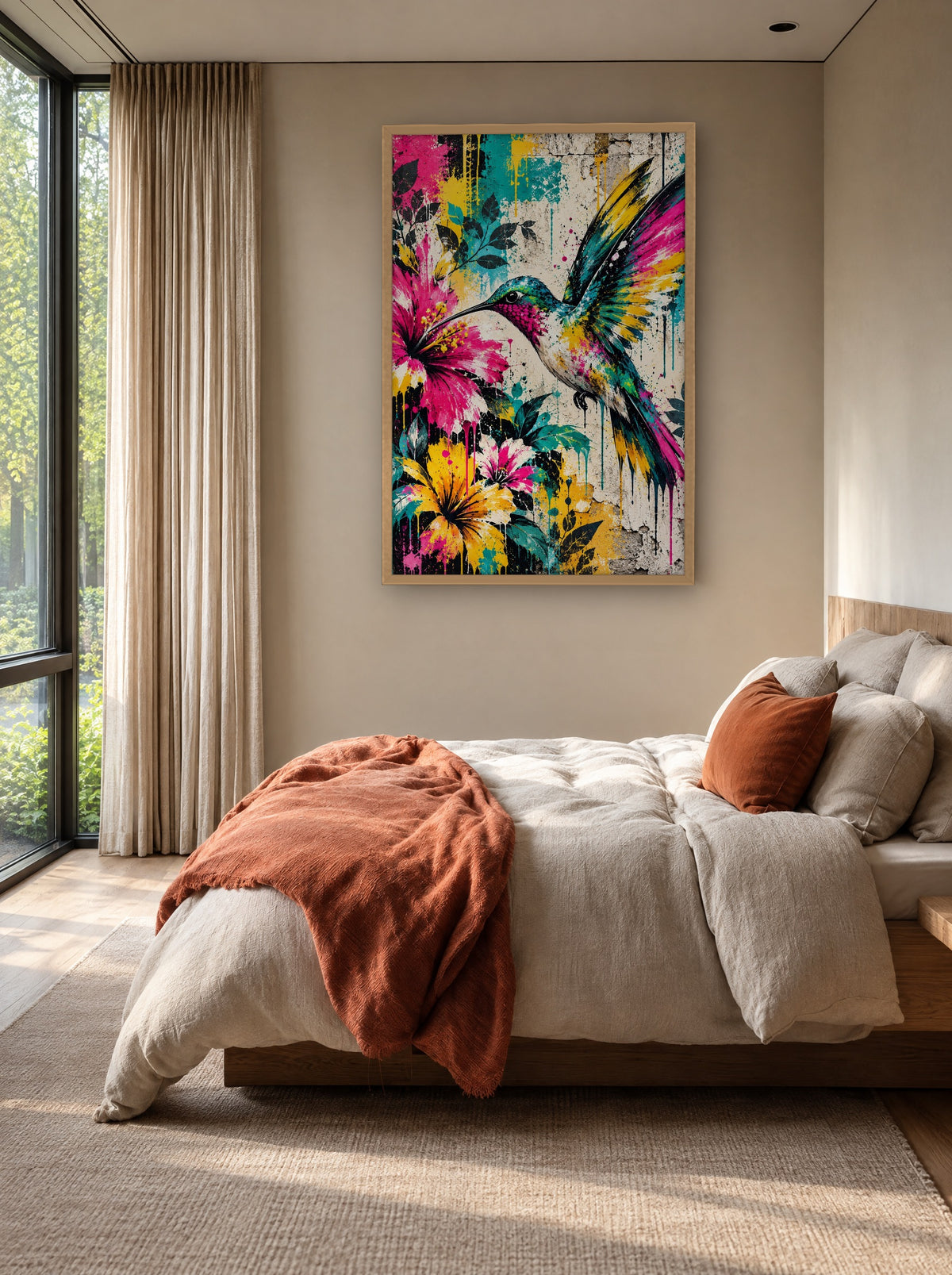 Kolibrie in Graffitibloei met natuur houten lijst aan de muur